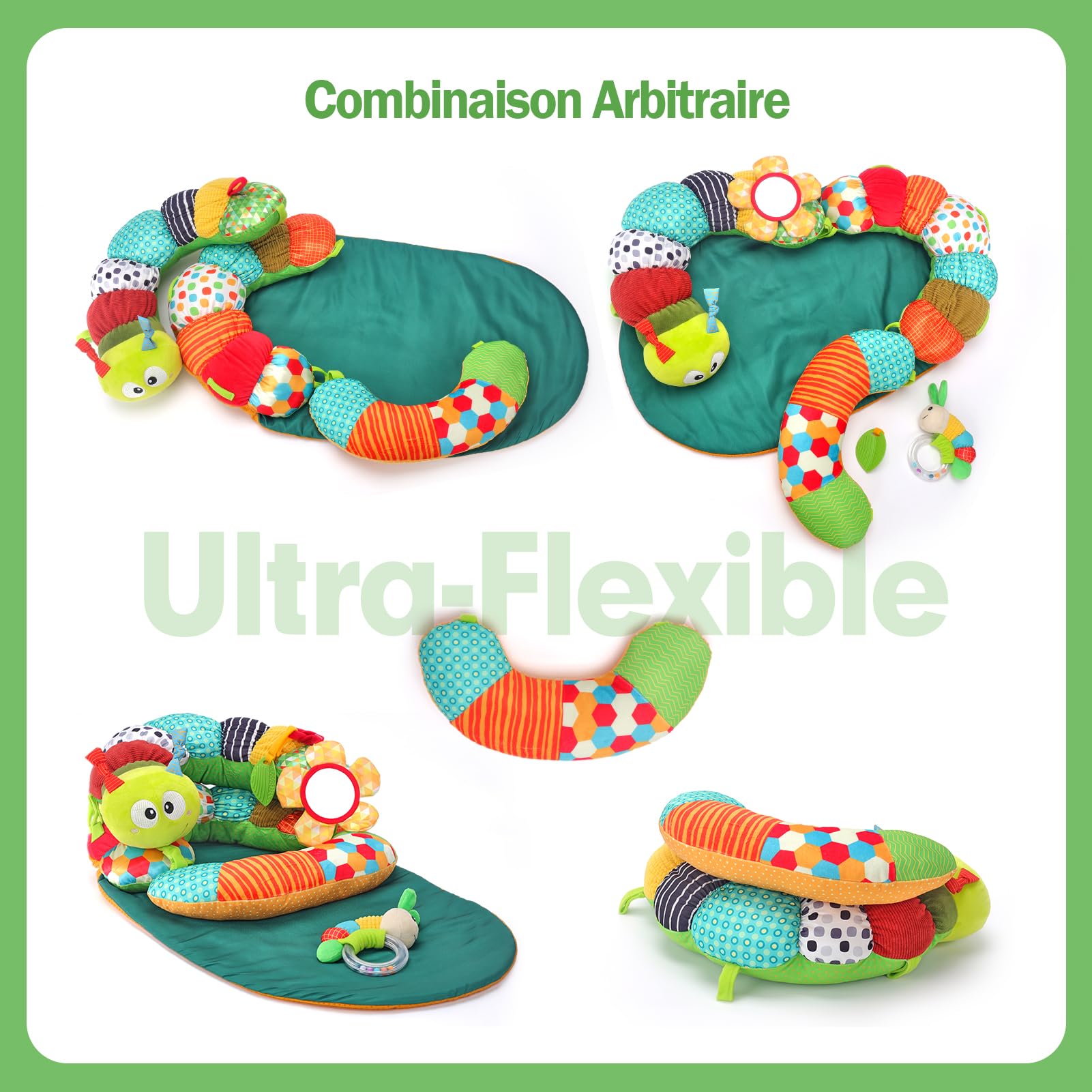 hahaland Jouet Bebe 0-3 6 9 Mois, 3 en 1 Tummy Time Chenille Coussin Bebe Tapis d eveil Bebe avec Anneau Dentition Bebe, Hochet et Miroir, Jouet d'activité et développement pour Nouveau-Nés 0-6Mois