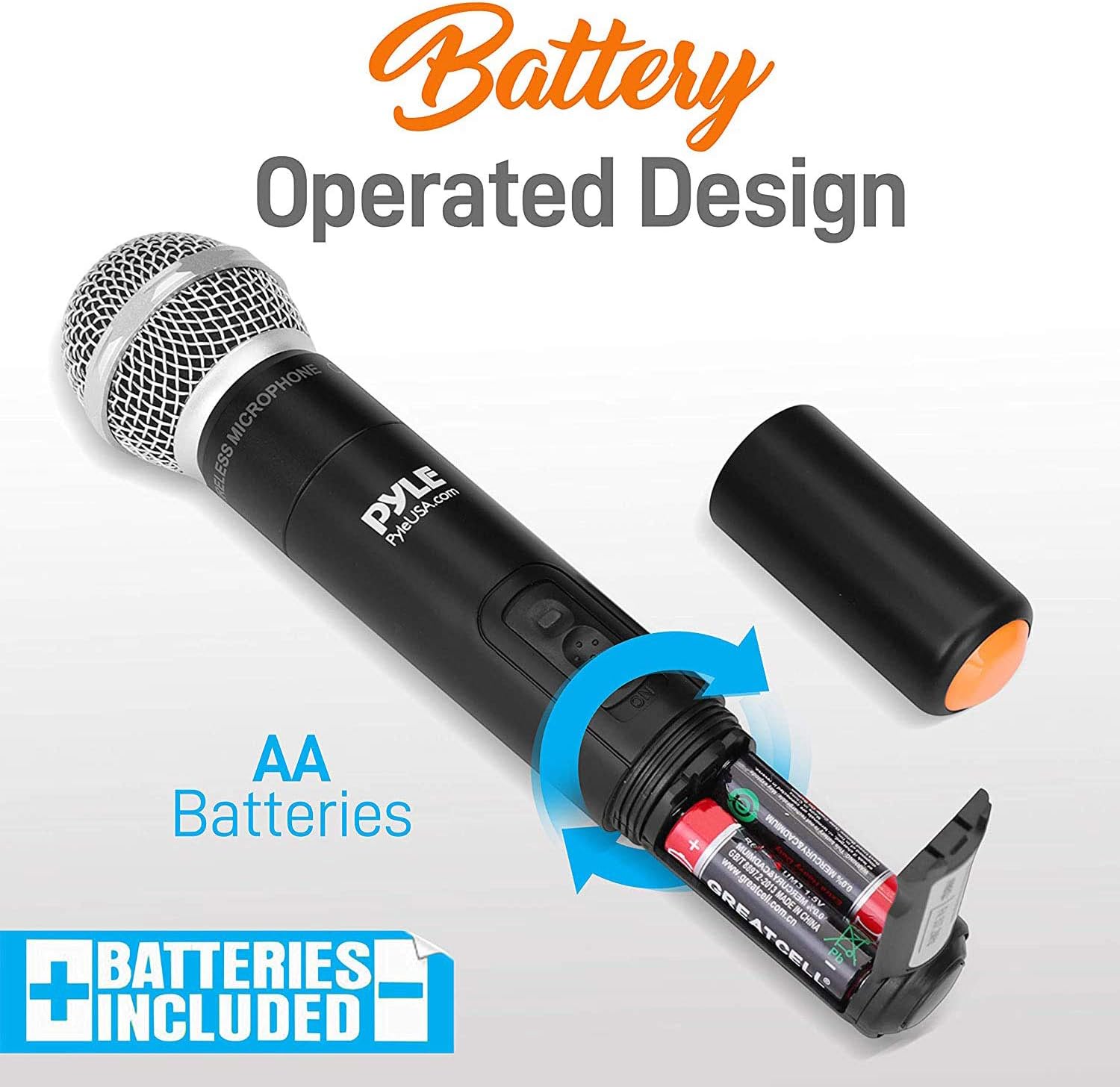 Pyle Portable UHF Wireless Microphone System - Battery Operated Dual Bluetooth Cordless Microphone Set, Includes 2 Handheld Transmitter Mic, Mixer Receiver, RCA, for PA Karaoke DJ Party PDKWM806B