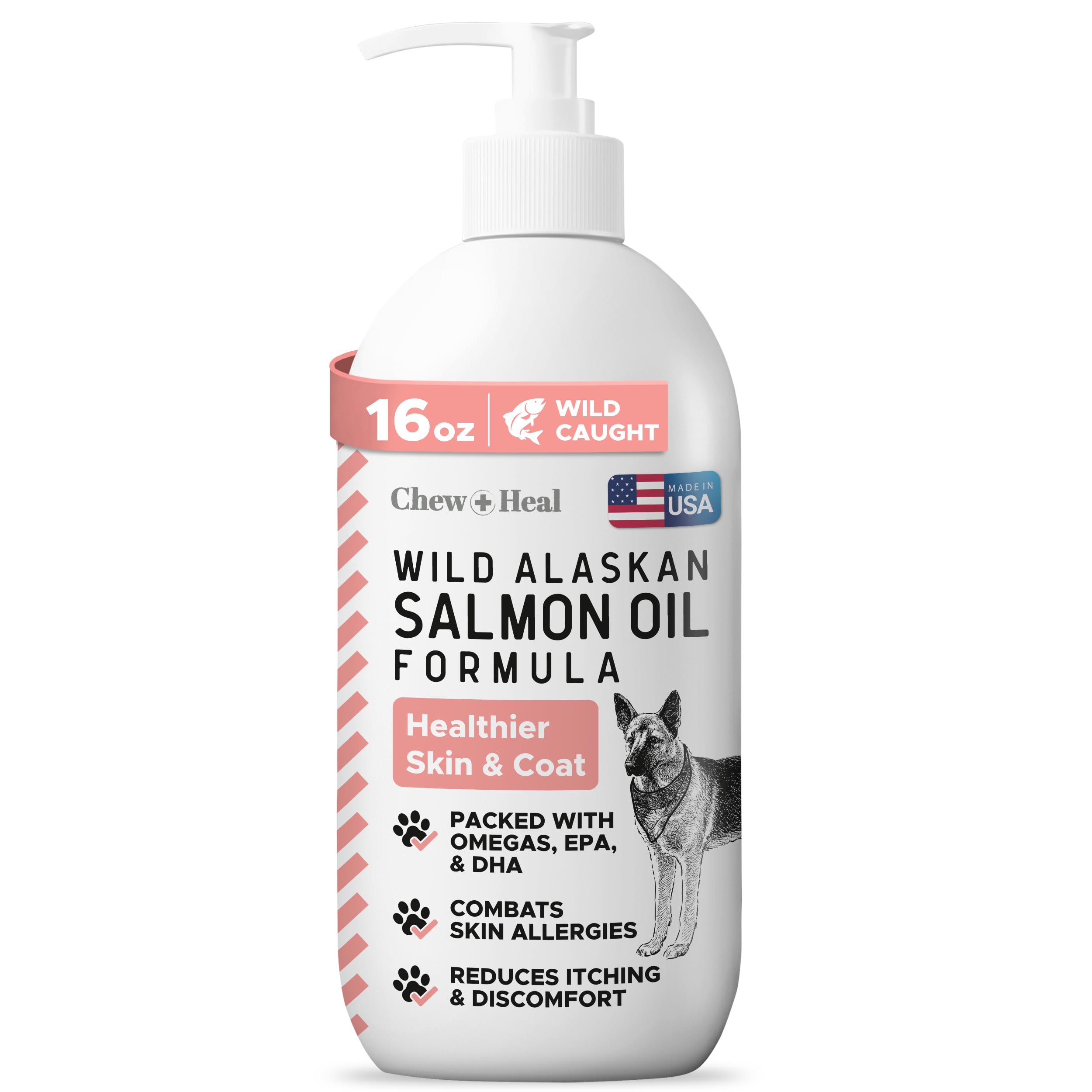 Wild Alaskan Salmon Fish Oil for Dogs - 16 oz. of Fish Oil Formula - Pump Cap Bottle - Contains Omega-3 and 6, Vitamin D, EPA, and DHA for Healthy Skin and Coat