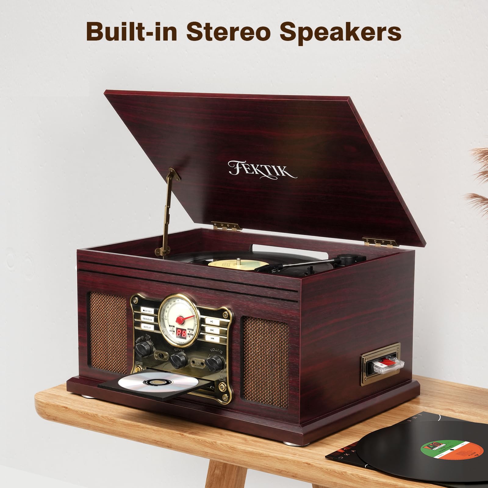 FEKTIK Lettore di dischi Bluetooth 10 in 1, Giradischi a 3 velocità con trasmissione a cinghia e altoparlanti, Ingresso e uscita Bluetooth, CD, Cassetta, Radio FM, Streaming wireless