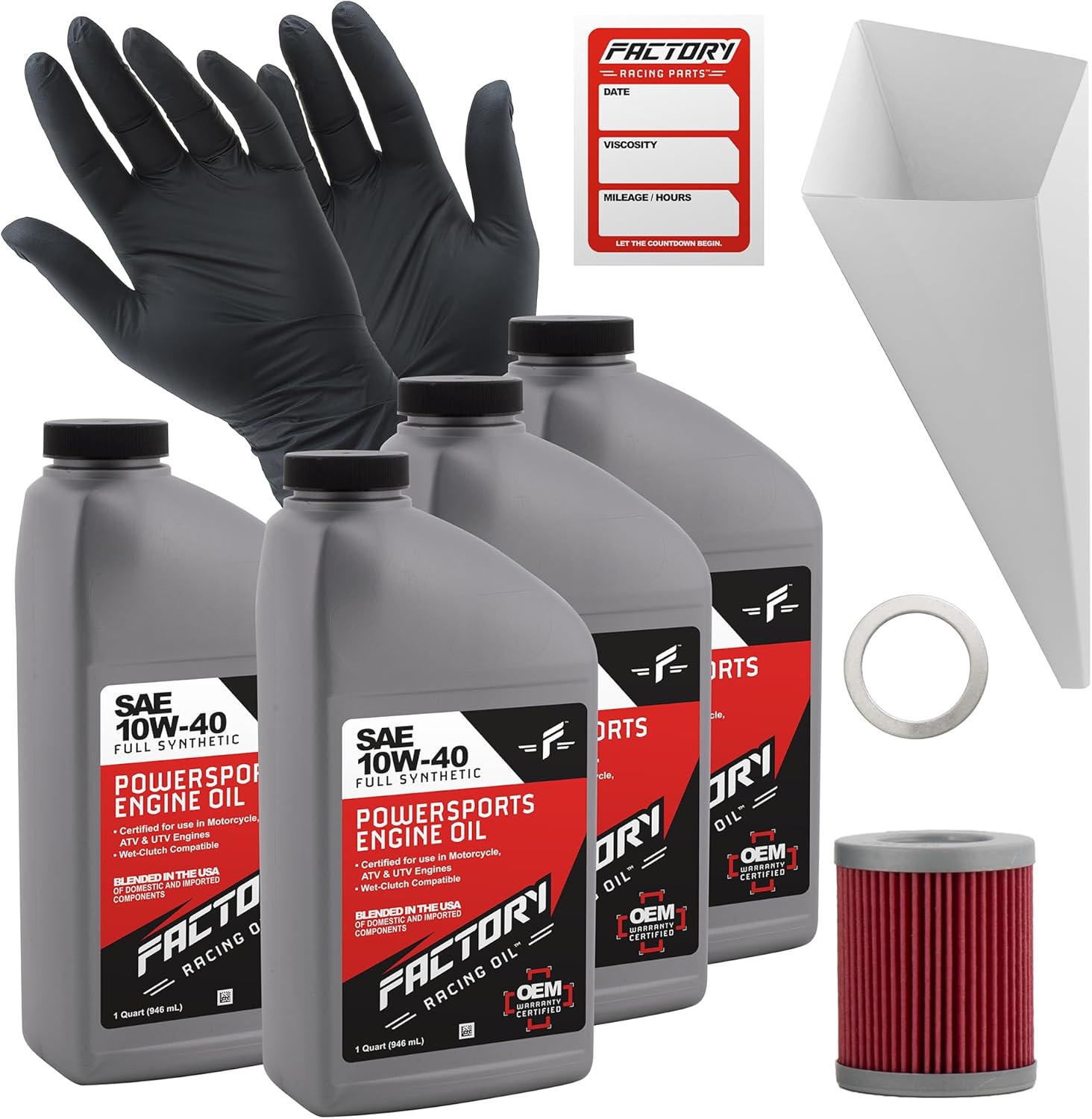 Factory Racing Parts Oil Change Kit compatible with Suzuki LT-4WD LT300E – Includes 4 Quarts of SAE 10W-40 Full Synthetic Oil, 1 Filter, 1 Crush Washer, 1 Funnel, 1 Oil Change Reminder Sticker