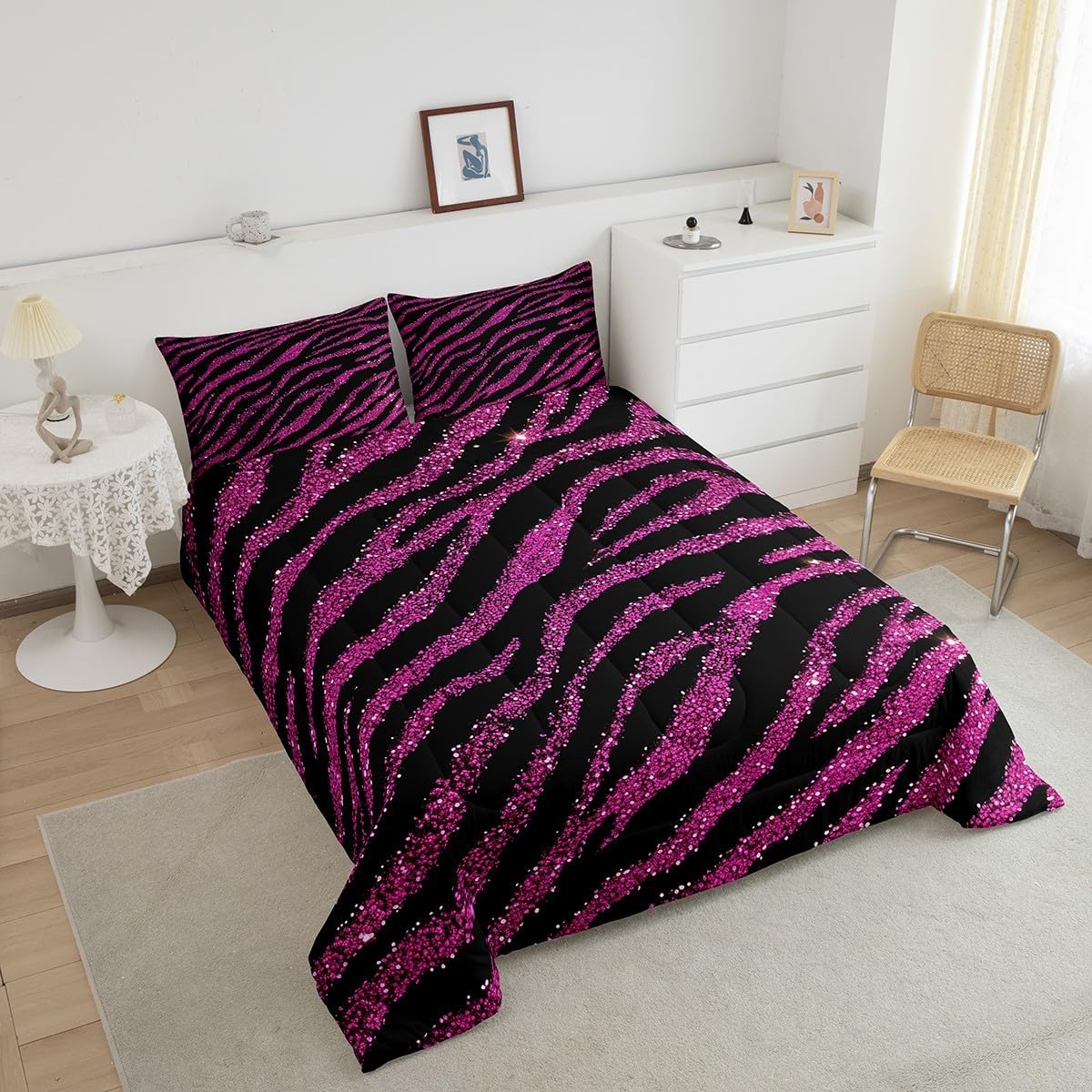 Feelyou Zebra Comforter Set Queen Size Hot Pink Stripes Bedding Set for Boys Girls Teens Glitter Comforter Women Men Animal Print Duvet Set with 2 Pillow Case