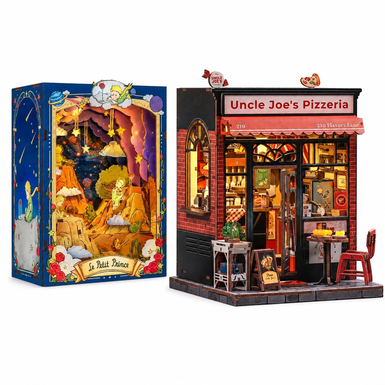 Book Nook - Puzzle 3D Maison de Poupée DIY, Décoration d’étagère, pour Famille et Amis(Uncle Joe's Pizzeria&The Little Prince Planet