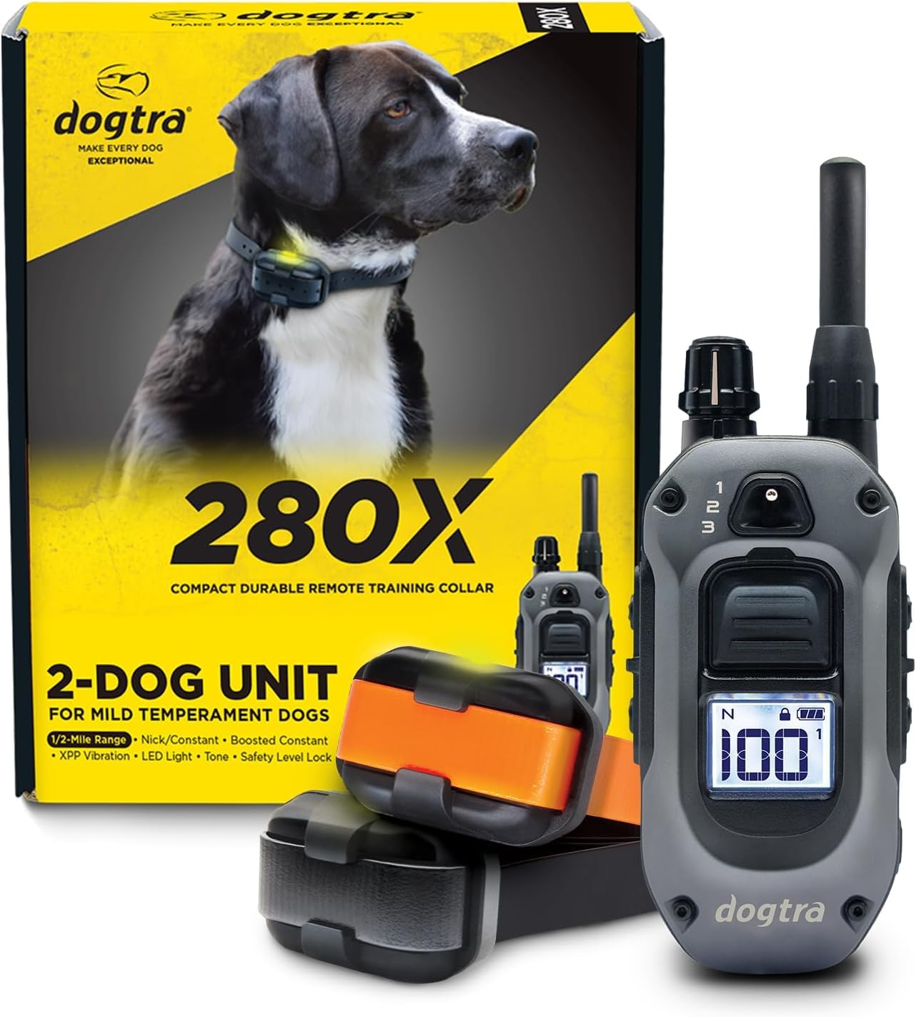 Dogtra 280X 2-Dogs E-Collar with Remote [New Edition] 10 lbs+, 1/2 Mile Range, LED Light, 100 Levels of Control for Stubborn Dogs, Waterproof, Boost for Quick Recall, Vibration, Safety Lock & Tone