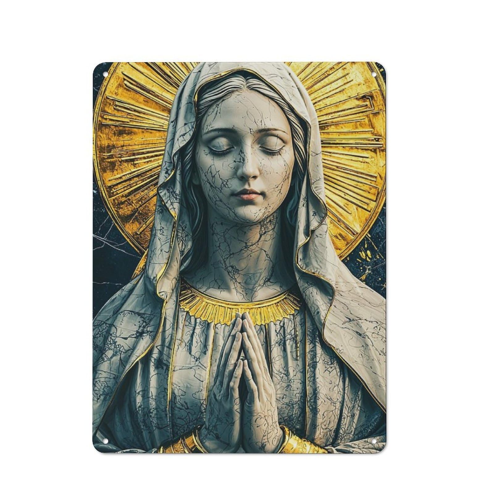 Junmoney Style-8 Golden Halo Virgin Statue Rustic Tin Sign 40X30cm For Café Or Home Bar, Suited To Hospitality Decor Collectors