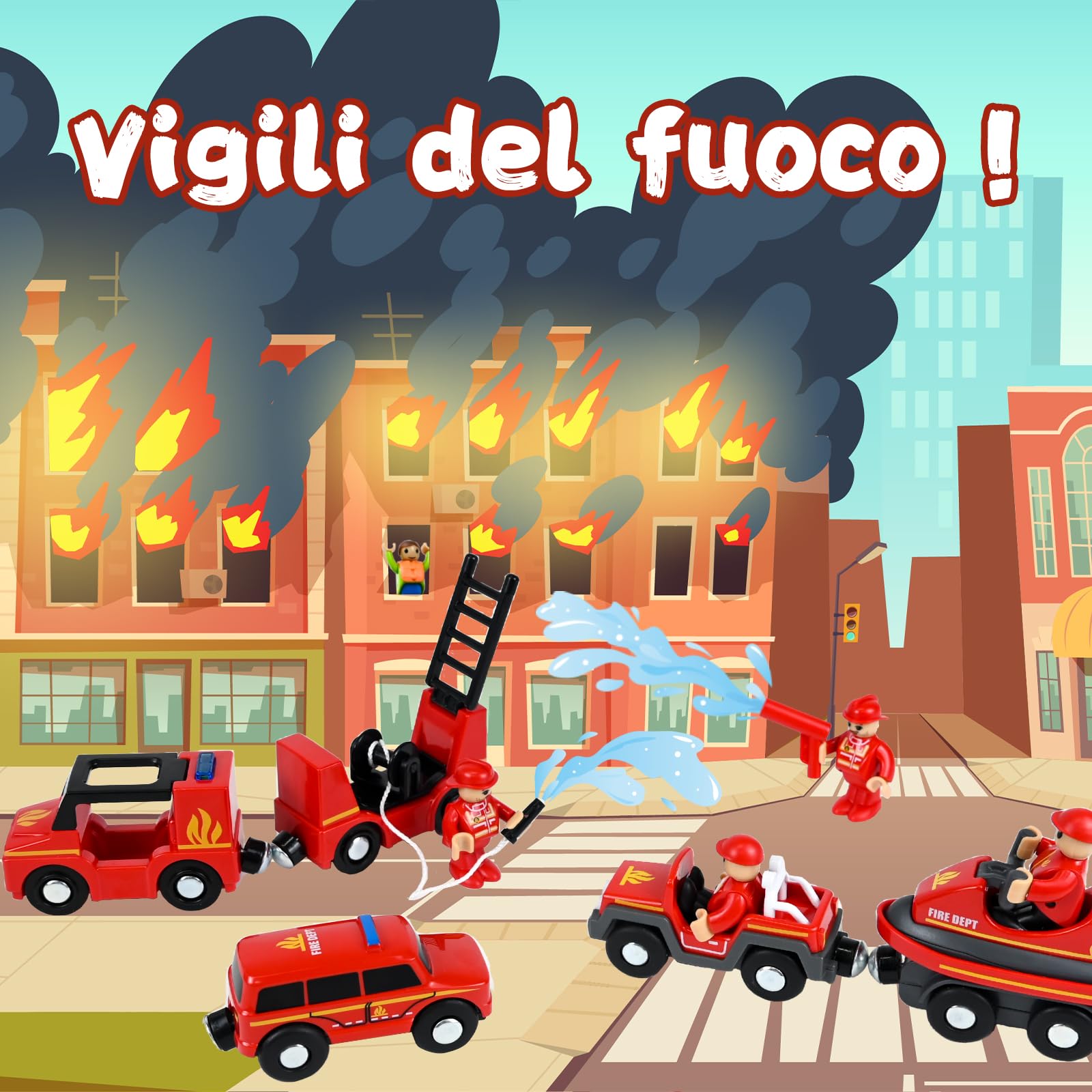 Ulikey Set di 58 Pezzi Binari Trenino Legno con Locomotiva Trenino Elettrico e Autopompa, Giocattoli Treno Elettrico Regali di Compleanno e di Natale per Bambini, Compatibile con le Principali Marche