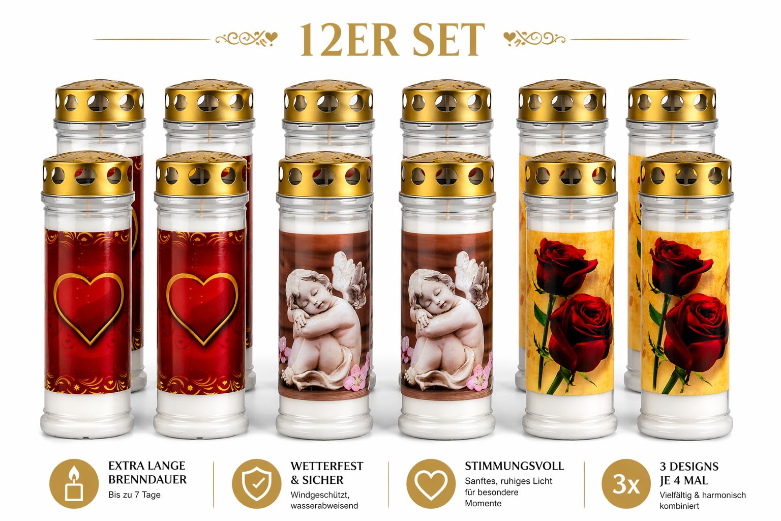 Grabkerzen 12er Set mit Motiv - 7 Tage Brenndauer Friedhofskerze - Premium Grablichter Wetterfest mit Deckel - Gedenklicht Engel Herz Rose - Trauerkerzen Dauerbrenner für Grabschmuck