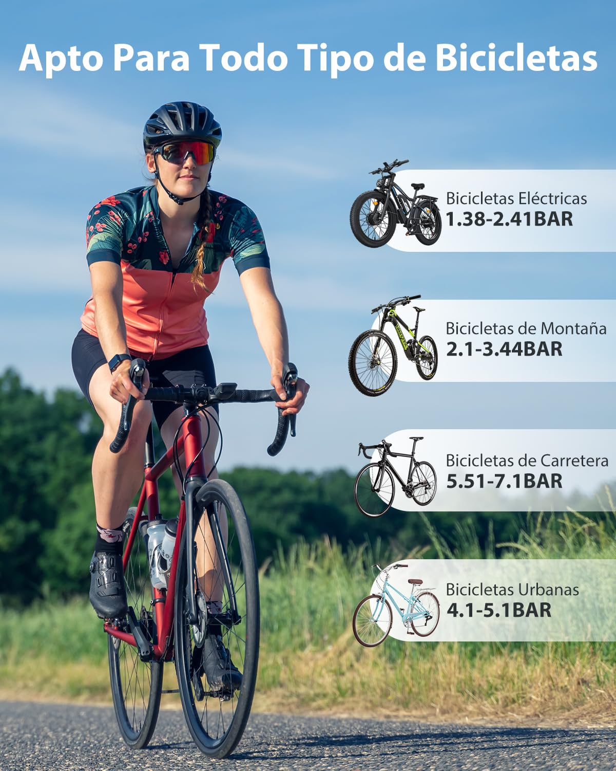 Mini Bomba Inflador Bicicleta Eléctrico,MAX 130 PSI,Inflado Rápido 35s,3 in 1 Bomba Bicicleta Recargable Compatible con Manómetro Válvulas Presta y Schrader para Bicicleta MTB y Carretera