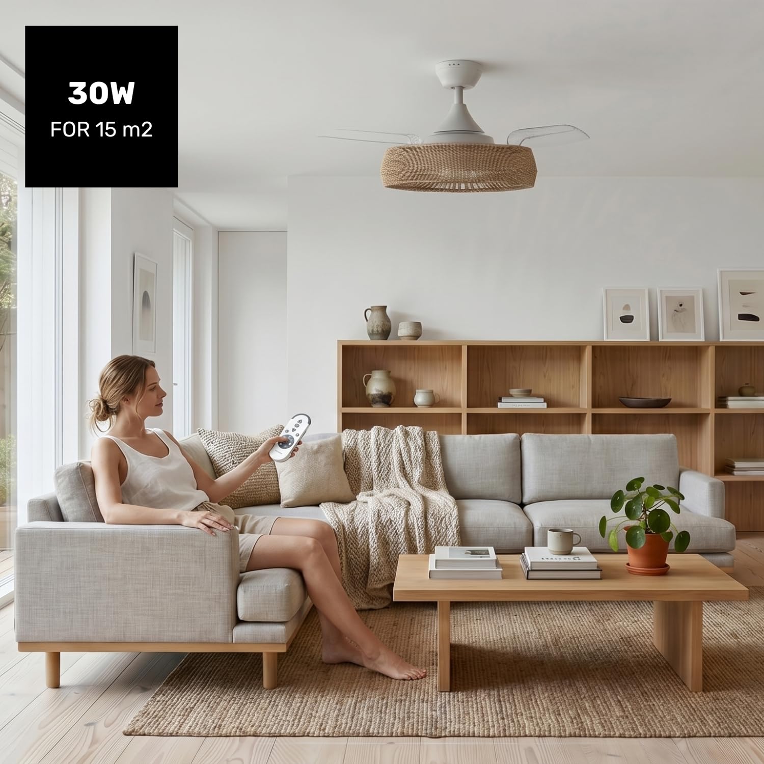 Taurus CEILING FAN POLAR NATURE (FA006L) Ventilador de Techo 107 cm con Aspas Retráctiles | Motor DC 30W Ultra Silencioso | Luz LED 36W Regulable | 6 Velocidades y Modo Invierno-Verano