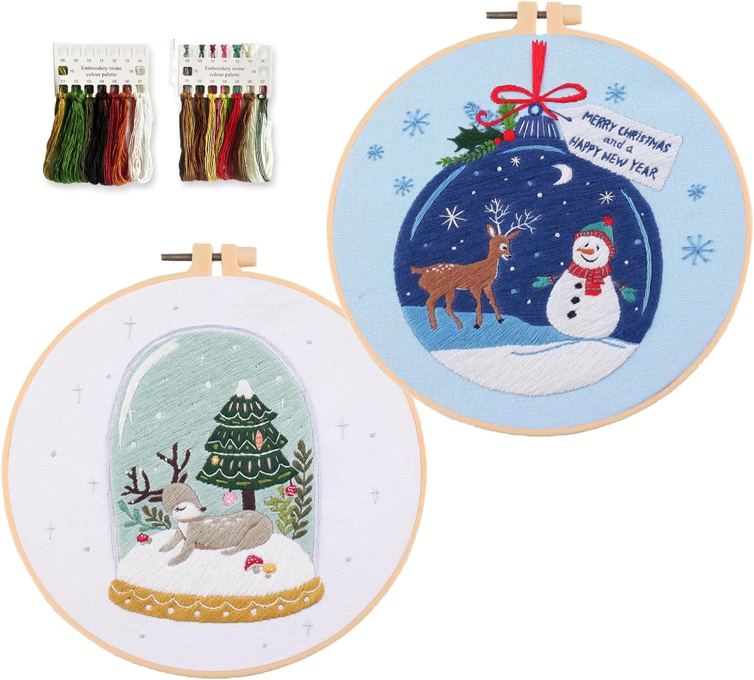 artcici 2 Pack Embroidery Kits Christmas Snowman Elk Santa Patterns for Beginners Adults, Full Range Embroidery Starter Kits Cross Stitch Needlework Supplies (Snowman)