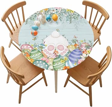 Easter Round Fitted Tablecloth with Elastic Edge, Bunny Tail Colorful Eggs Spring Eucalyptus Floral Wood Grain Waterproof Oil Proof Table Cover for Party Picnic Fits 36"-44" Round Tables