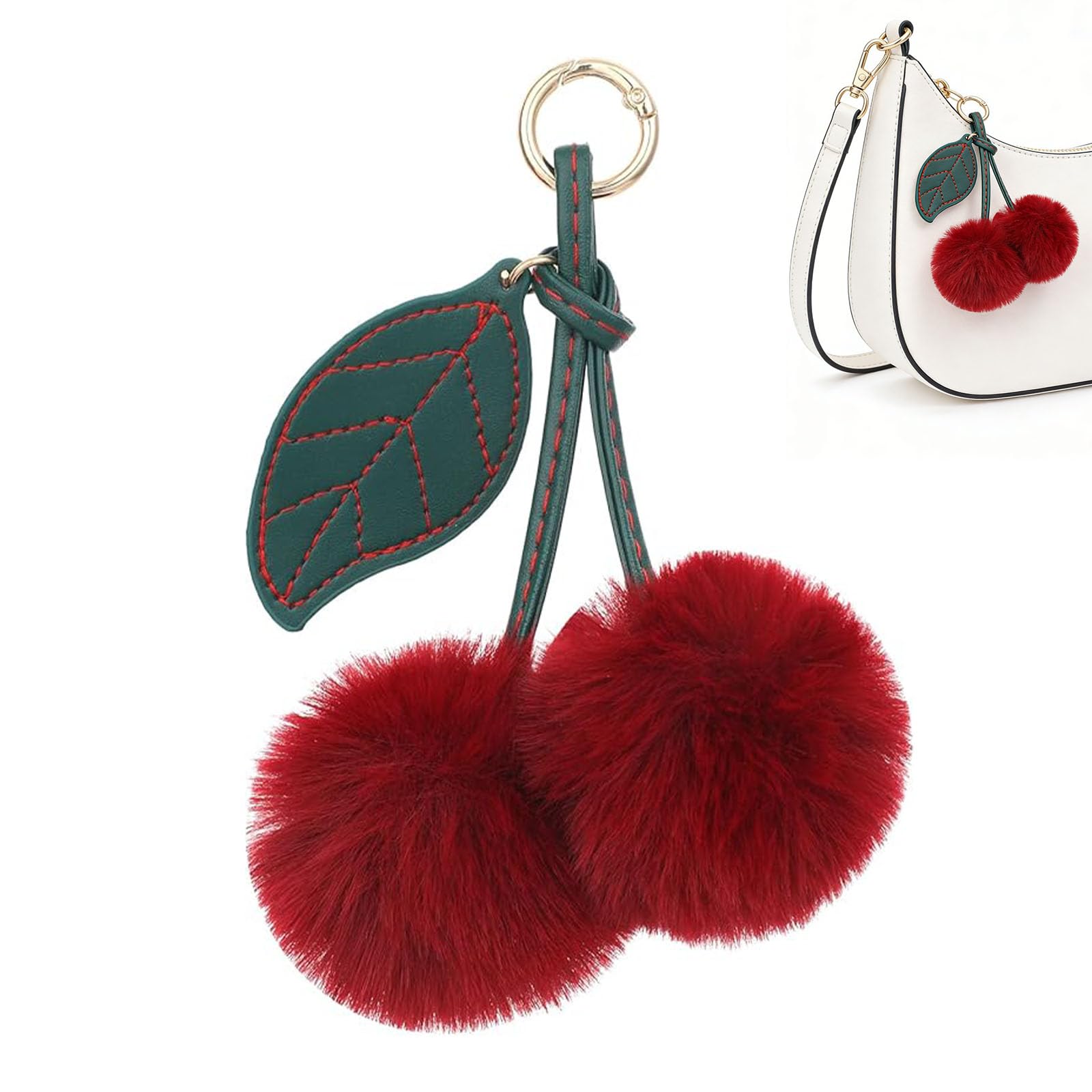 FWORUAIS Pom Pom Keyring, Fluffy Cherry Keychain Accessories, Handbag Charms for Women, Plush Pendant Stylish Decoration Valentine's Day Gift for Purse Backpack Car