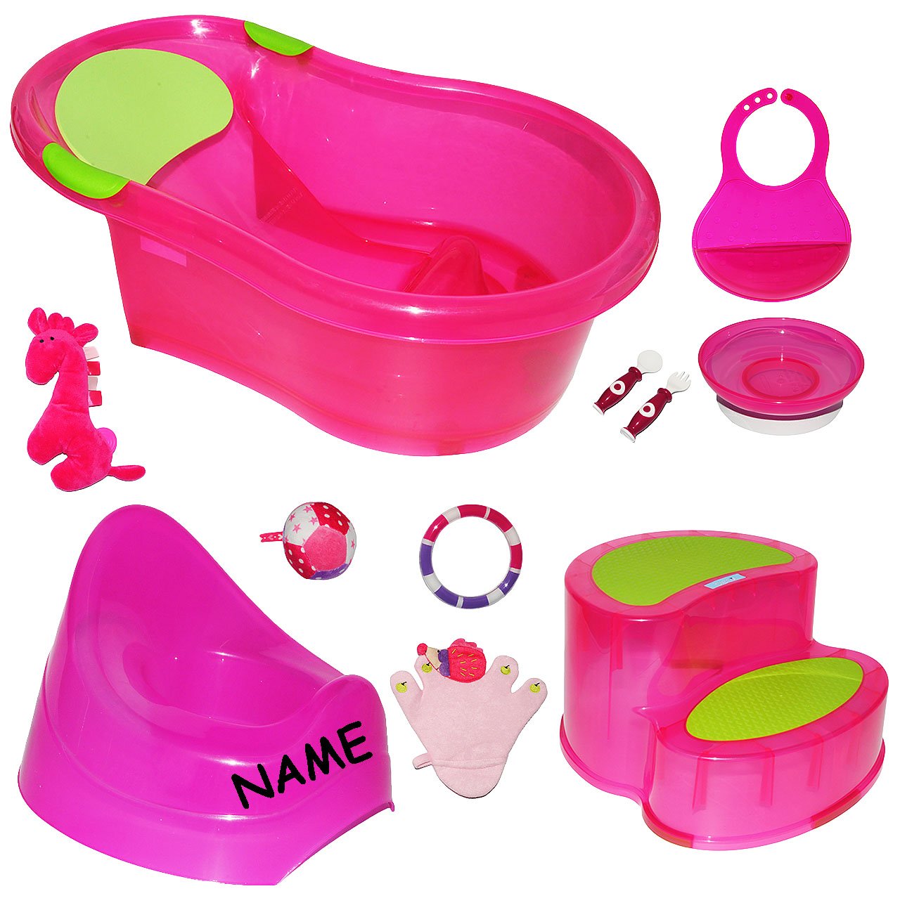 alles-meine.de GmbH XXL Set - zur Geburt - PINK - Erstausstattung - incl. Name - Badewanne - für Neugeborene & Baby´s - mit Liegeerhöhung & Stöpsel/Trittschemel/Nachttopf/S..