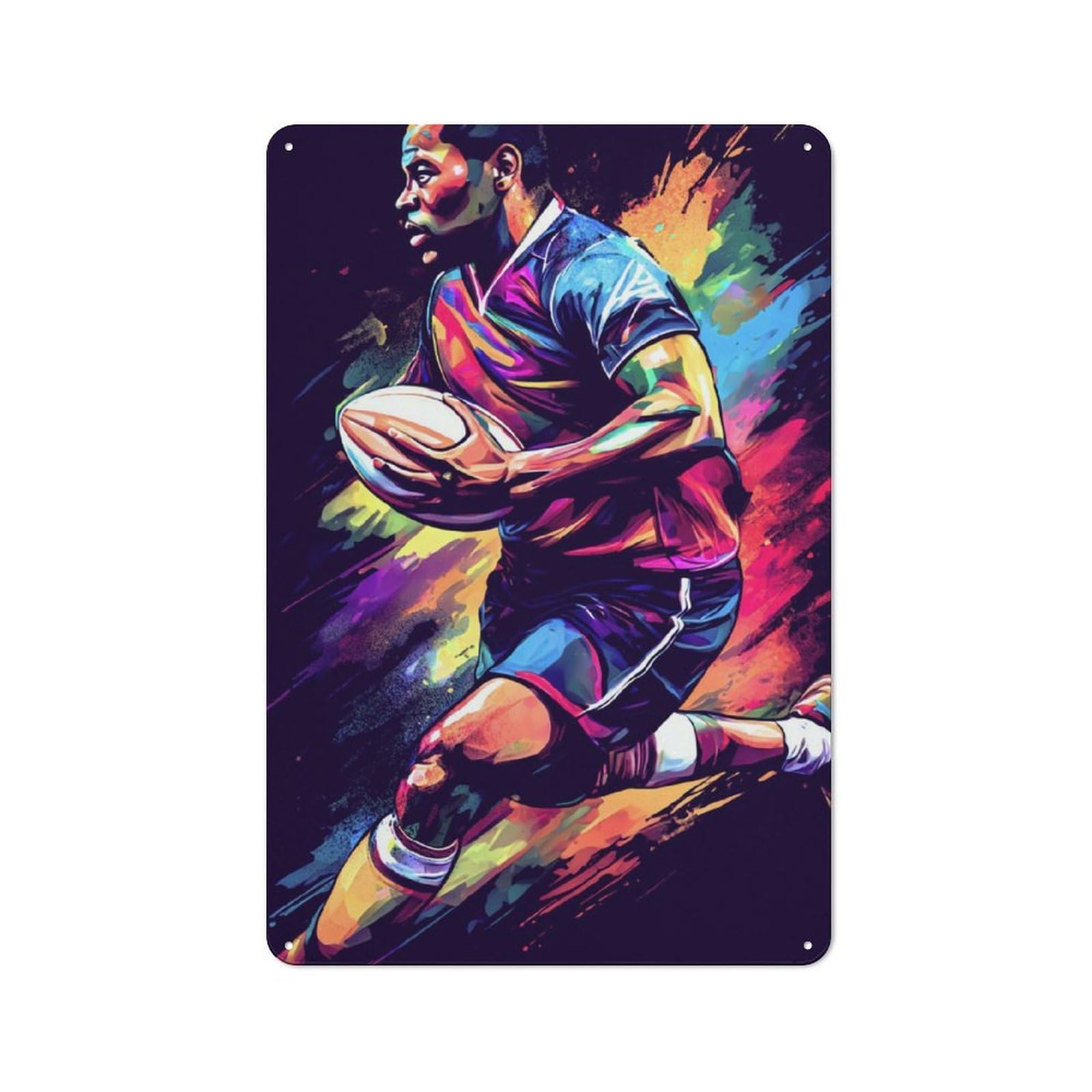 Junmoney Rugby Player In Action Metal Plaque 30X20cm With For Hallway Wall, Rustic Decor, For Garage, Workshop And Man Cave Decoration