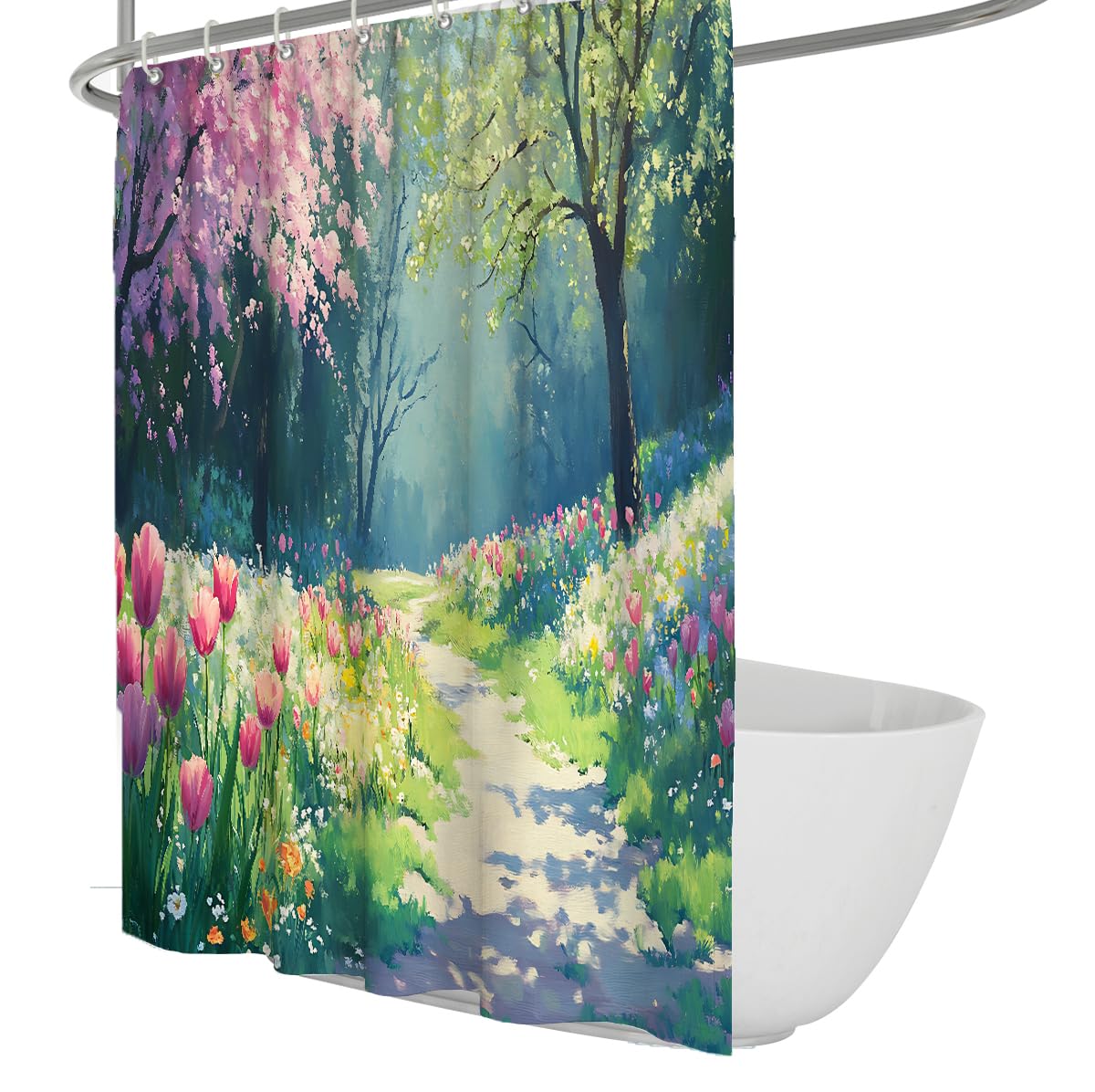 UERWOWELL Natural Aesthetics Shower Curtain Tulip Sunbeam Forest Path Bath Curtains Boho Spring Shower Curtain Watercolor Fabric Waterproof Polyester W200xL200 cm