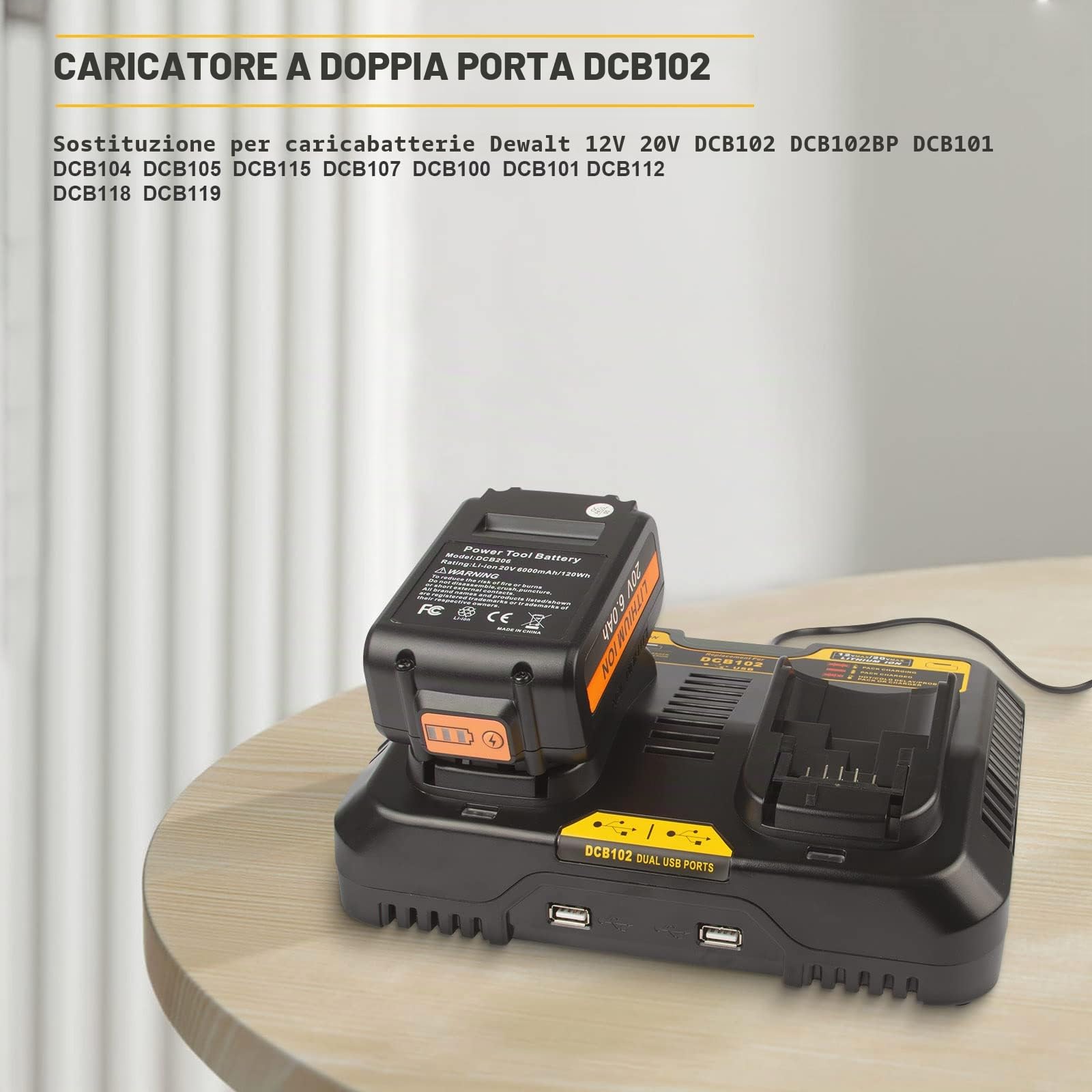ASUNCELL 2 Porte Caricabatterie Compatibile con Dewalt DCB115 18V, 3,0 A Caricabatterie per Piattaforma XR Litio per Batterie 12V-20V Max, Compatibile con Dewalt Batteria(con 2 porte USB 2.1A)