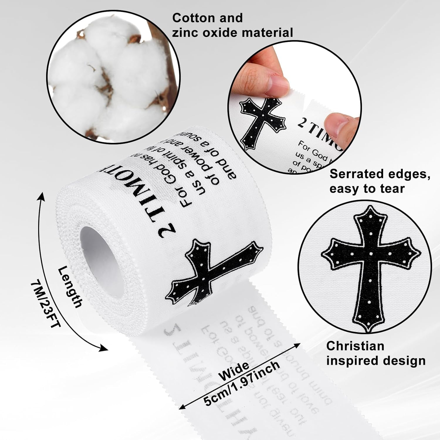 MiniInflat 2 Pcs Christian Cross Athletic Tape Sports Tape 2in x 23ft Religion Jesus Wrist Wrap for Soccer Football Baseball, Gift for Graduation Teacher Nurses Week Pentecost(White,2 Timothy 1:7)