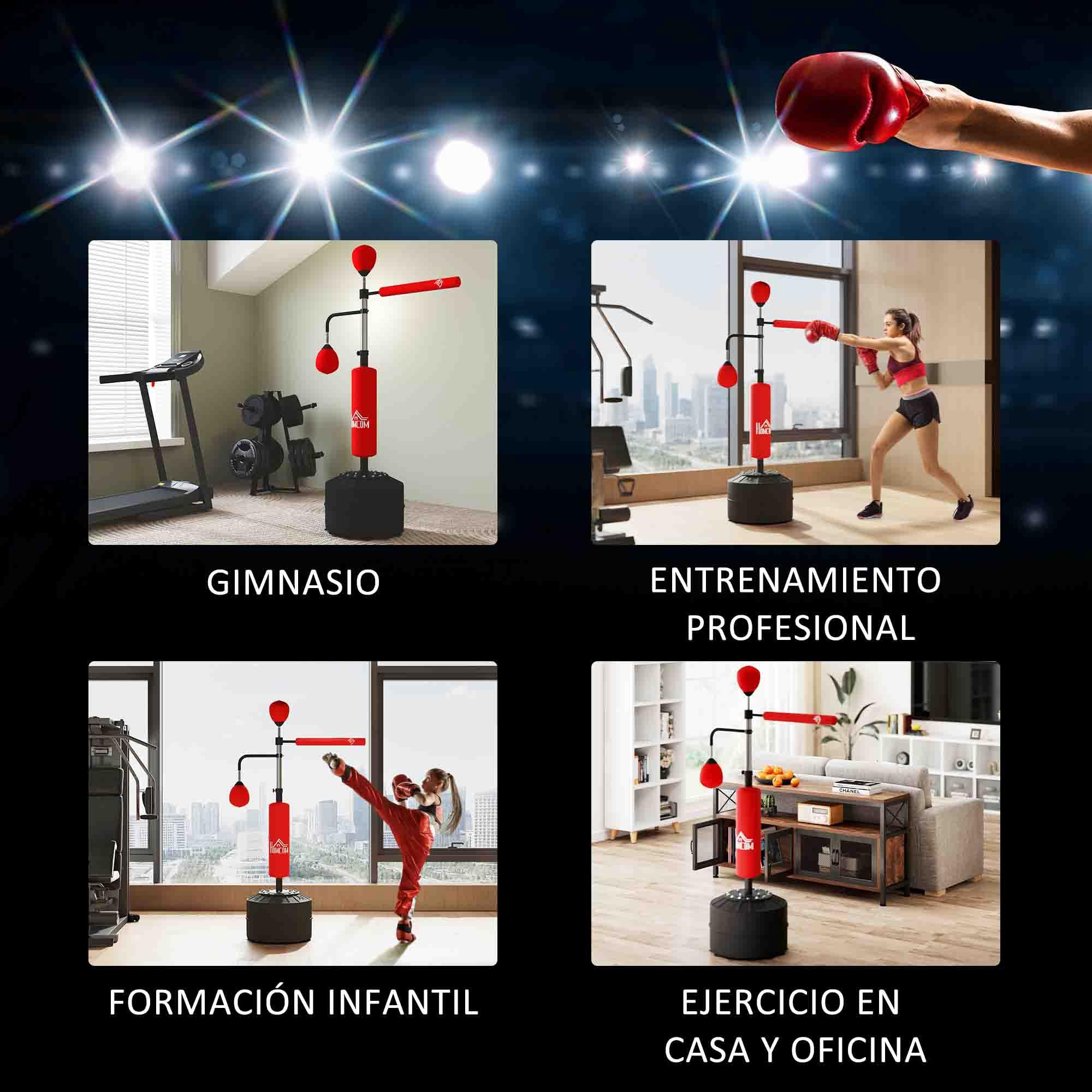 HOMCOM Saco de Boxeo de Pie 160-230 cm 360° Barra Giratoria 2 Bolas de Velocidad Base Rellenable Punching Ball Adultos Niños MMA Muay Thai
