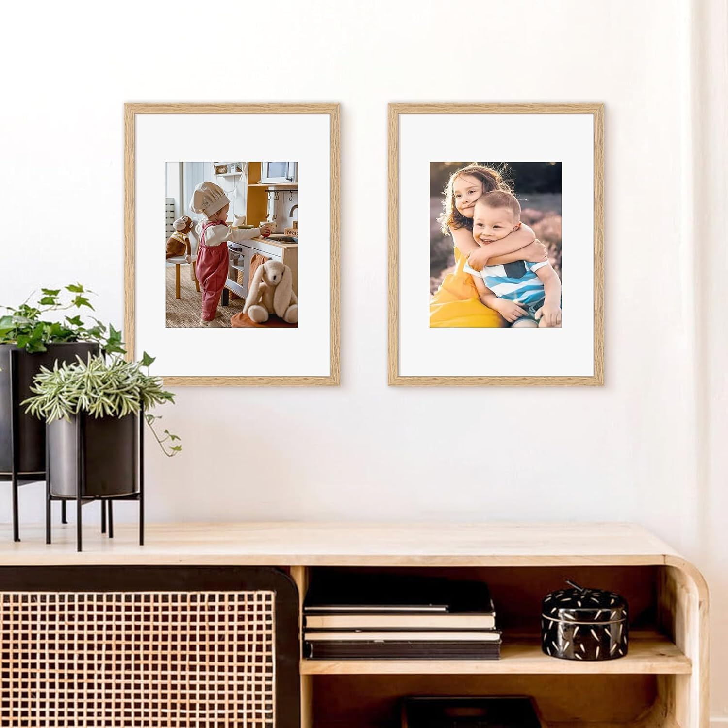 12x16 Picture Frame Set of 4, Displays 8x10 with Mat or 12x16 Without Mat, Photo Frames for Wall Hanging or Tabletop, Includes HD Plexiglass, Light Wood Grain