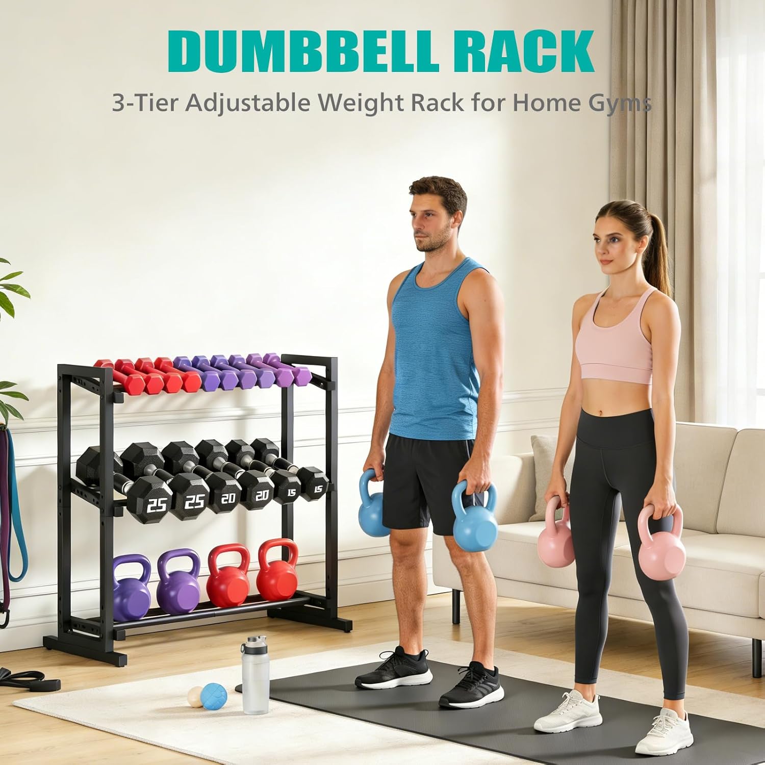 3 Tier Adjustable Dumbbell Rack, 33.6-Inch Weight Rack for Home Gym, Extended Base kettlebell holder for Home Gym, Space-Saving Dumbbell Stand - 900LBS Capacity (Rack Only)