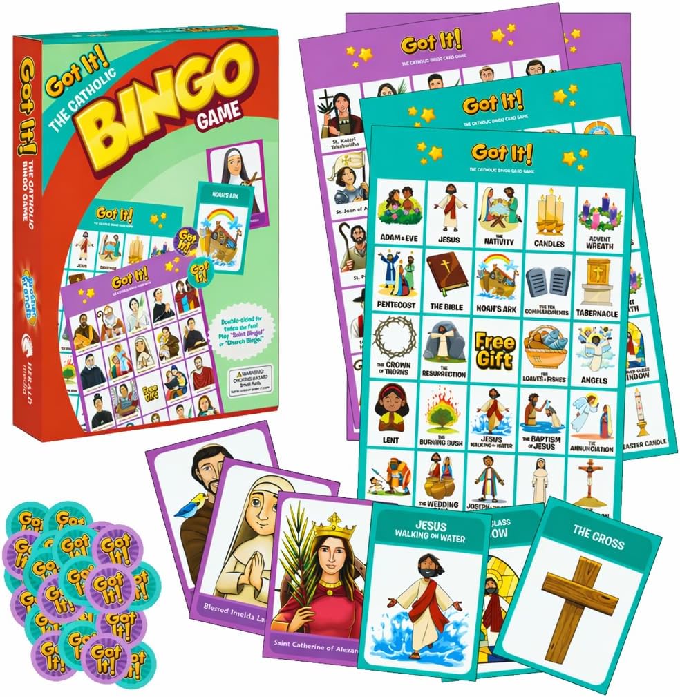 Got It! The Catholic Bingo Game - 2-in-1 Saints & Church Edition - 24 Double-Sided Laminated Cards with Real Chips & Storage Bag - Educational Faith Based Gift for Kids, Teens & Families - Ages 6+