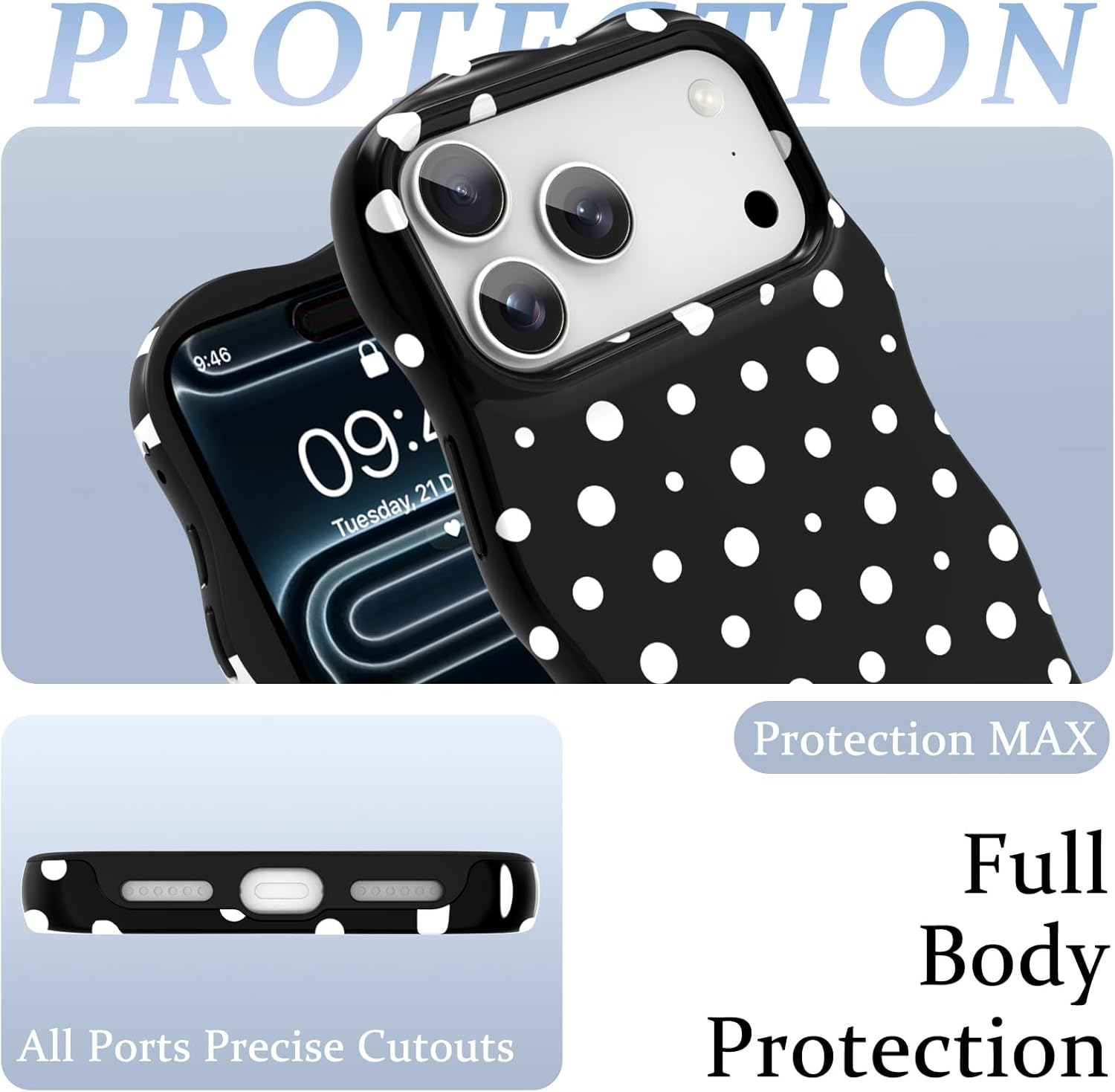 ZIYE Wave Design for iPhone 17 Pro Max Case, Cute Black Polka Dot Pattern for Women Girls Men 2 in 1 Shockproof Bumper Scratch Resistant Protective Cover