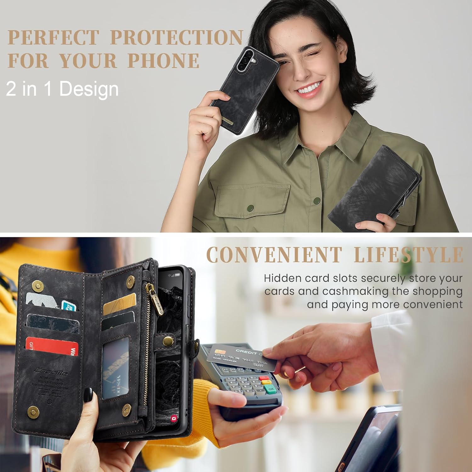 CaseMe for Samsung Galaxy A17 Wallet Case, Magnetic Flip Zipper Pocket Kickstand Cover Premium Durable PU Leather Folio Case with Card Holder Lanyard Strap Wristle (Black, A17)