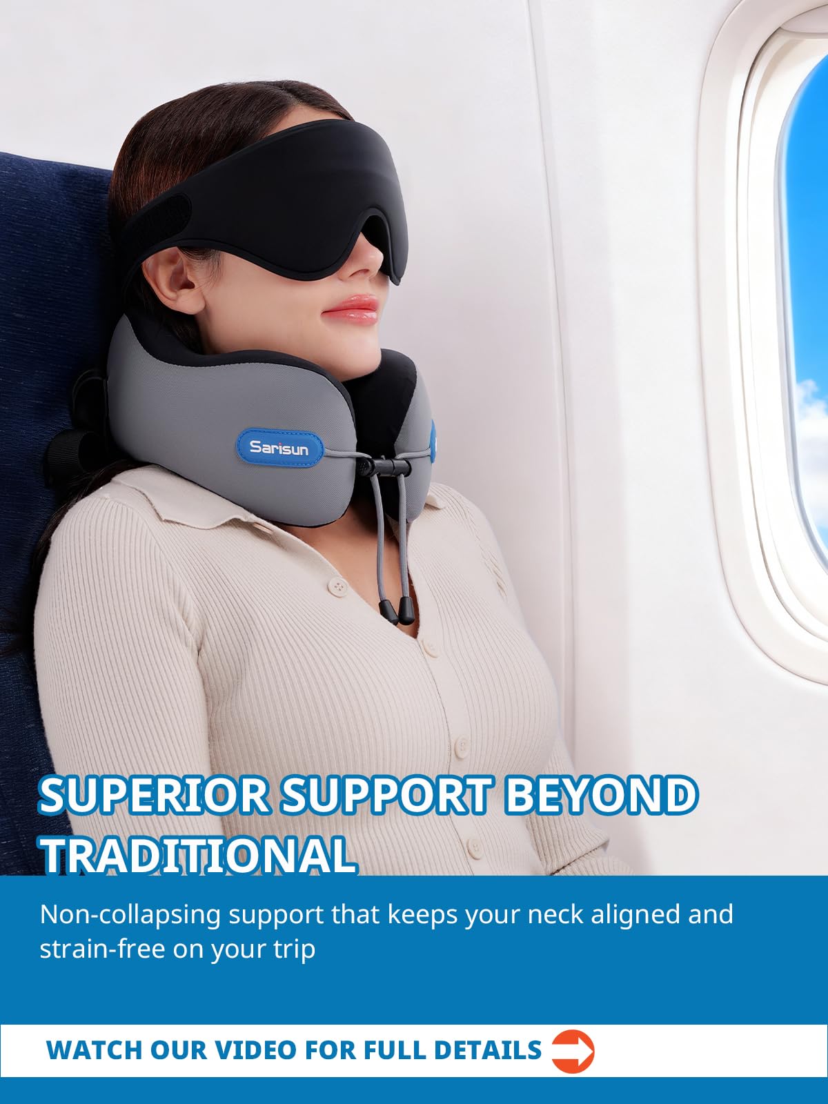 SARISUN Almohada de Viaje para Cuello, Cojin de Viaje Cuellos para Avión y Coche, Neck Travel Pillow, Viajes Accesorios Incluye Almohada Viaje Cuello Antifaz 3D para Dormir, Espuma Memoria Gris