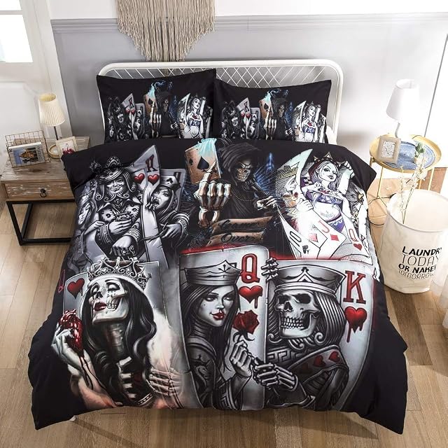 Shamdon Home Collection Gothic Skull Poker Bedding Duvet Set, 3D Printed Mosaic Duvet Cover with Pillowcases