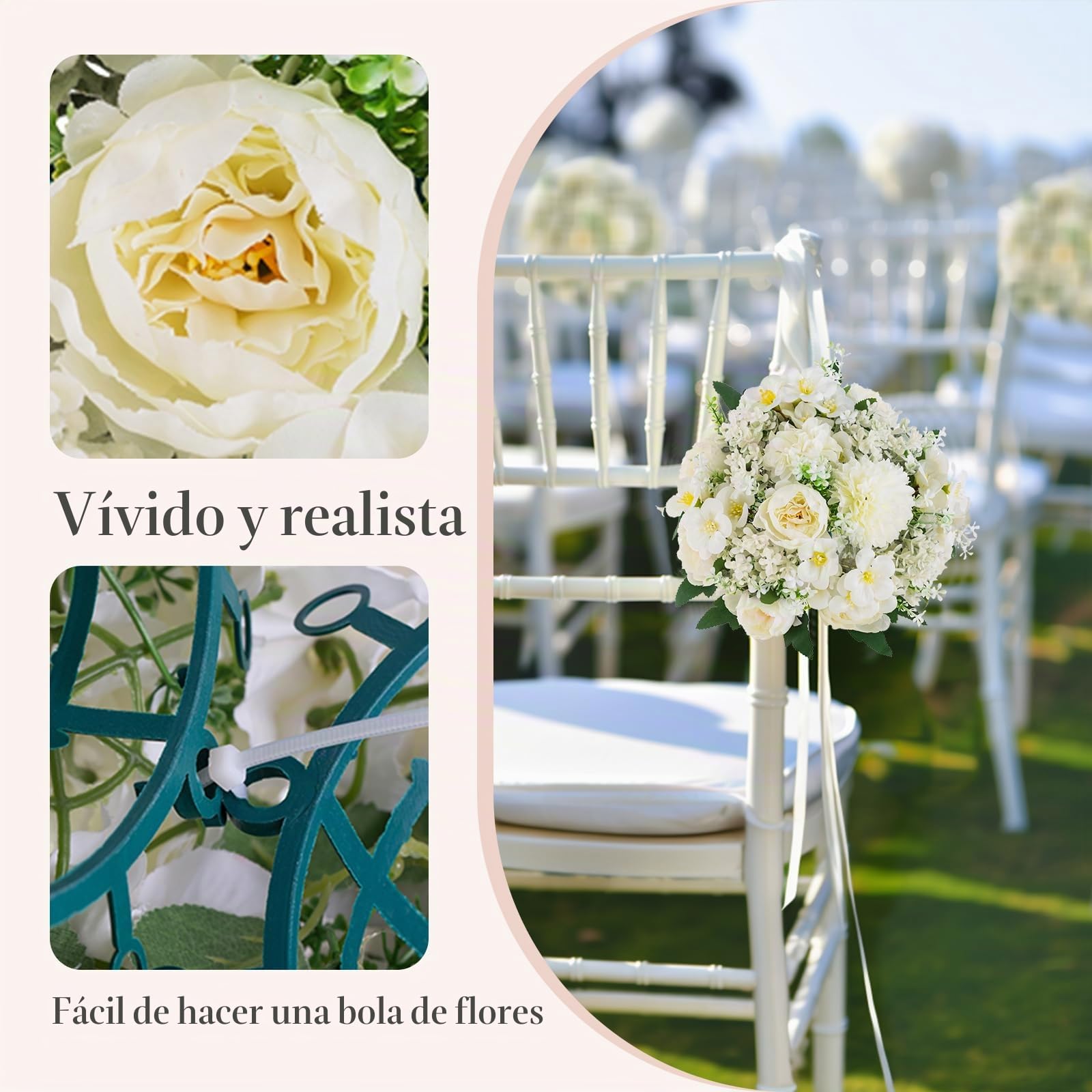 Flores Artificiales para Decoración de Bodas, Peonía Blanco, 10 Pcs | con Base, Ø 20cm, Seda Artificial, Bola de Flores para Centro de Mesa, Fiestas, Aniversarios, Decoración del Hogar