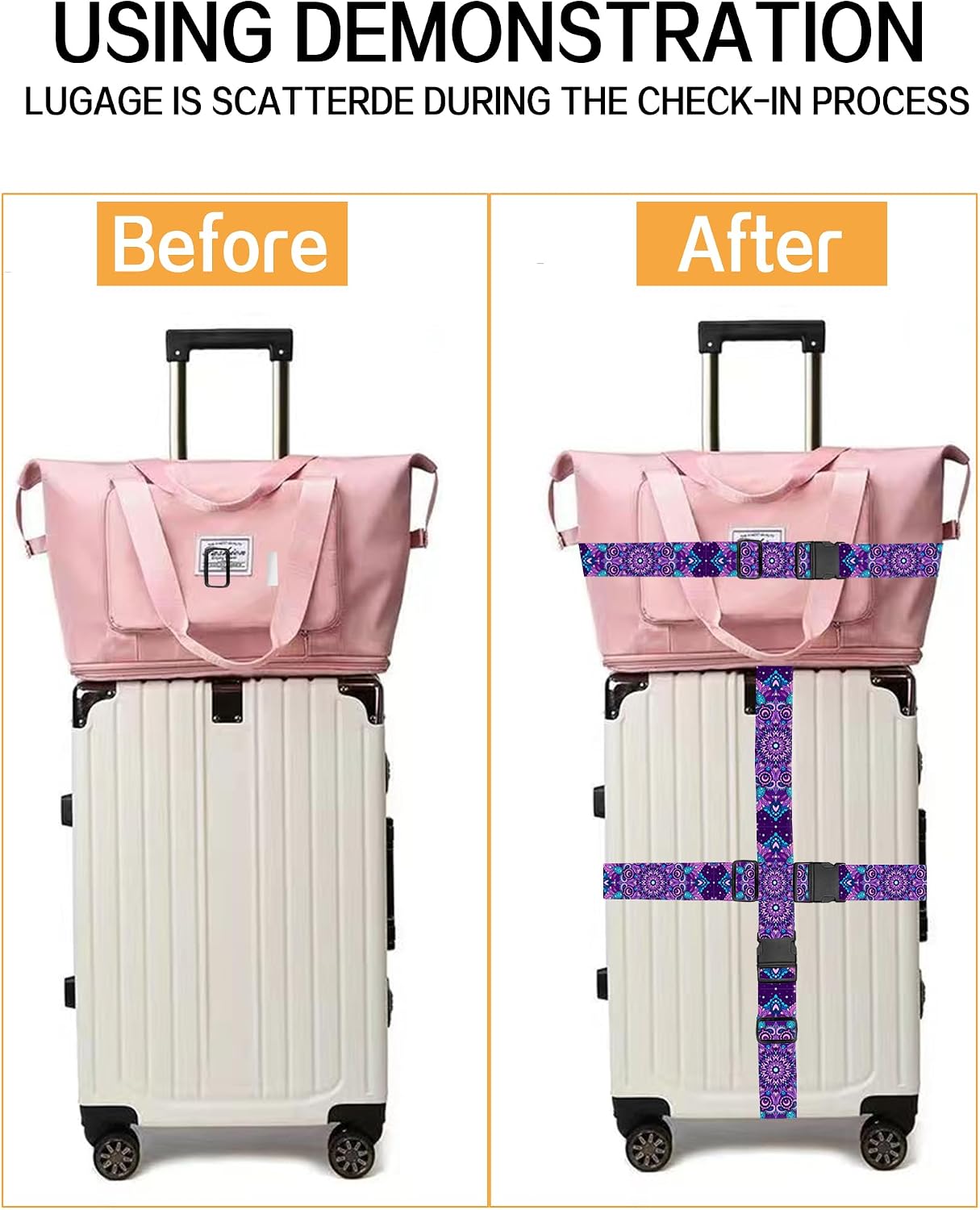 Luggage Straps for Suitcases, Adjustable Travel Belt, Durable Wide Luggage Strap, Cute Suitcase Strap Identifiers with Buckle, Bag Straps for Luggage, Luxury Purple Mandala