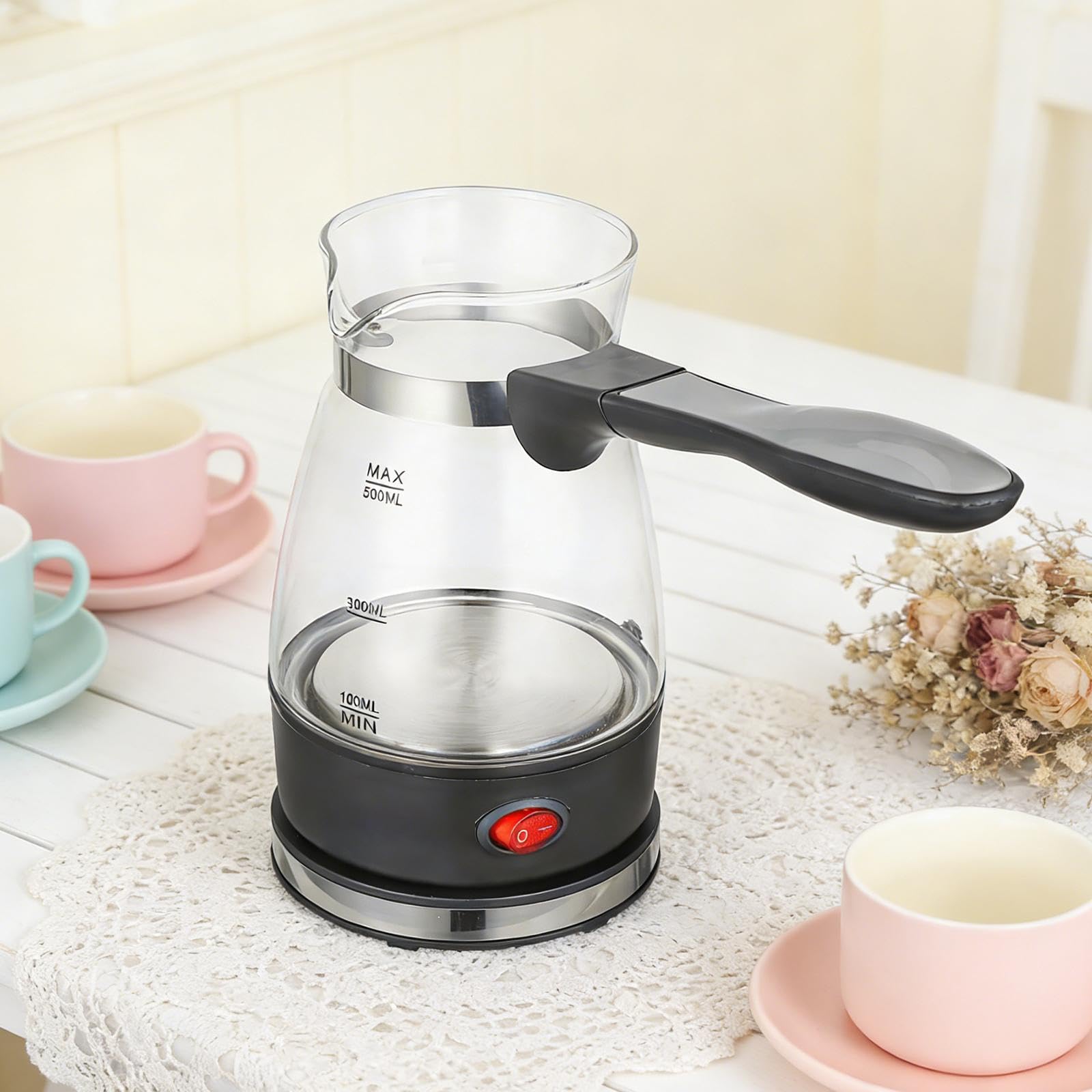 Milageto Elektrische Kaffeekanne, 500 ml Mokkakanne, türkische Kaffeemaschine mit Verbrühschutz für Tee, Kaffee & kalte Getränke, elektrische Kaffeemaschine für zu Hause, Cafés, Camping, Clar