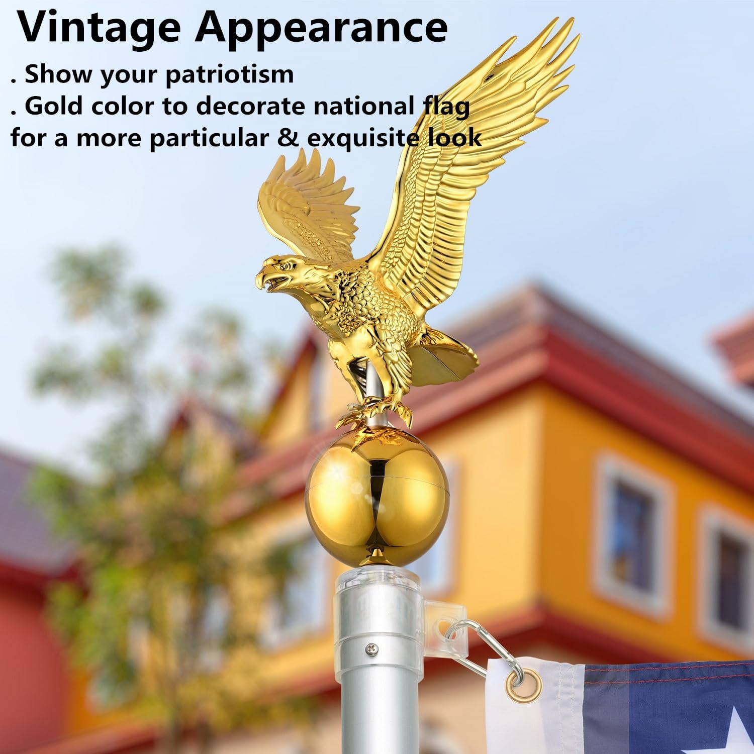 Flagpole 14" Eagle Topper Flag Pole Finial Ornament Topper for 20ft 25ft 30Ft Telescopic Flagpoles Patio Yard Outdoor Flagpole Accessories Gold