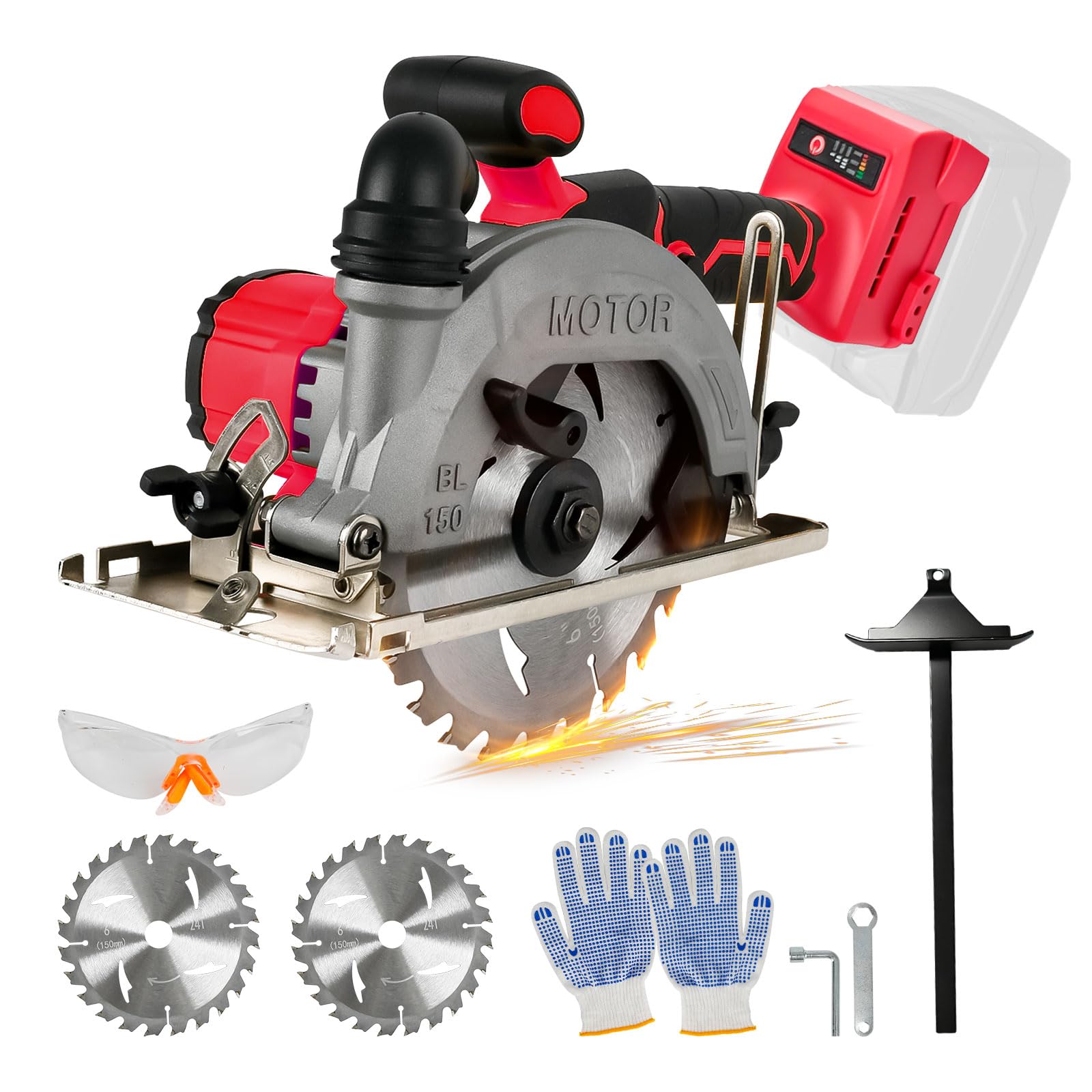 Scie circulaire sans fil de 15,2 cm compatible avec Milwaukee M18, scies circulaires sans balais de 6200 tr/min avec 2 lames de 150 mm, profondeur de coupe 50 mm, biseau de 0 à 45° pour coupe du bois