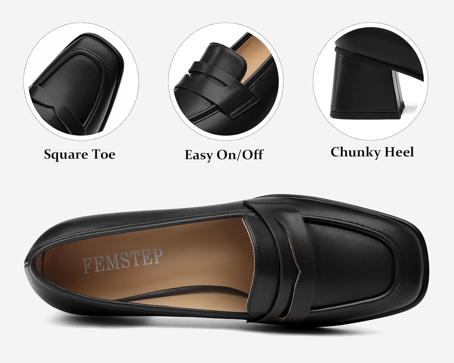 FEMSTEP Womens Loafers, Slip on Chunky Heels Loafer Pumps Platform Square Toe Penny Loafers Comfortable Business Casual Work Dress Shoes for Women Formal Office, 2.1 Inch Heel