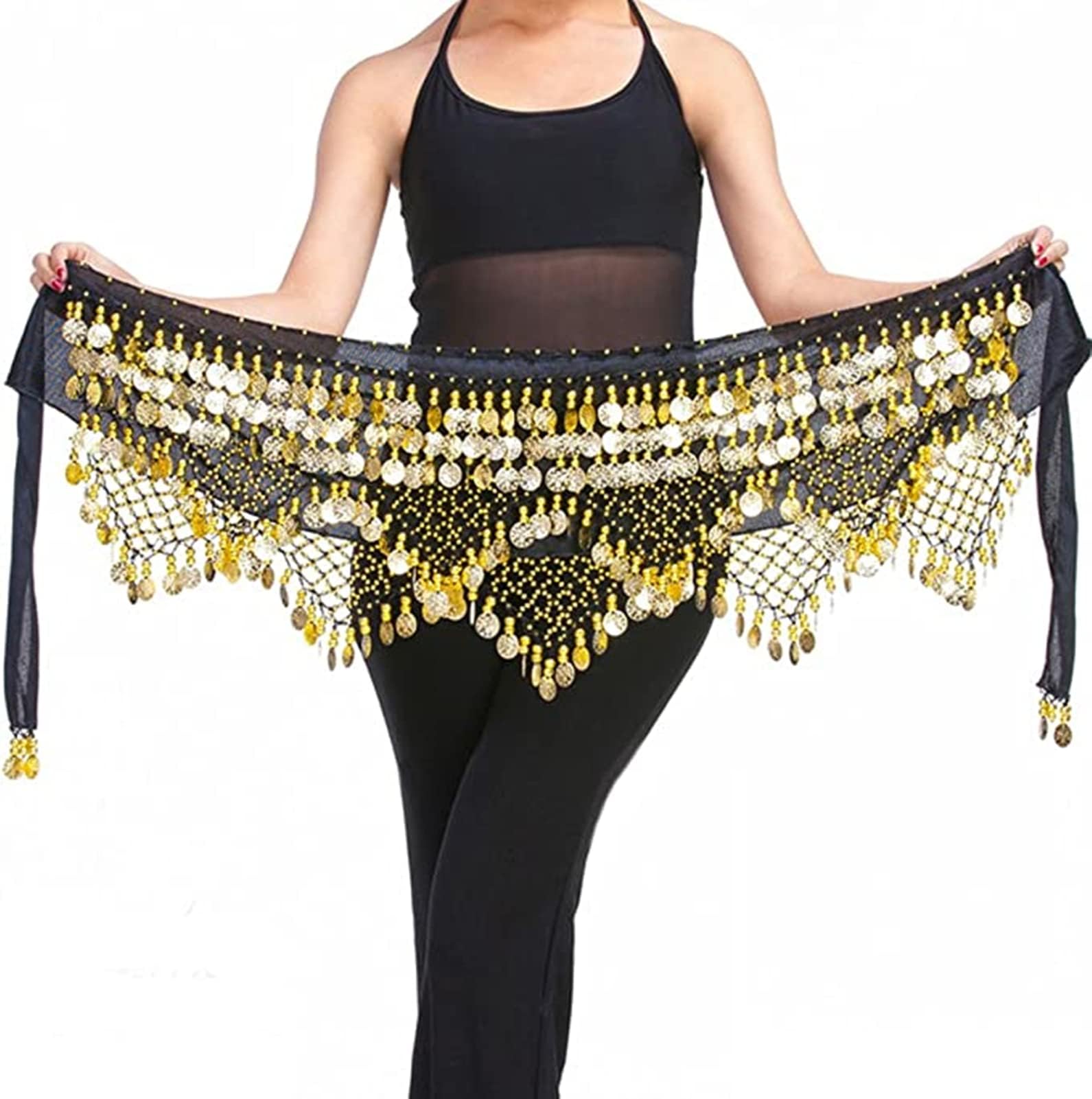 Women Belly Dance Hip Scarf with Coins Velvet Belly Dance Belt, Belly Dancer Costumes for Women Grils