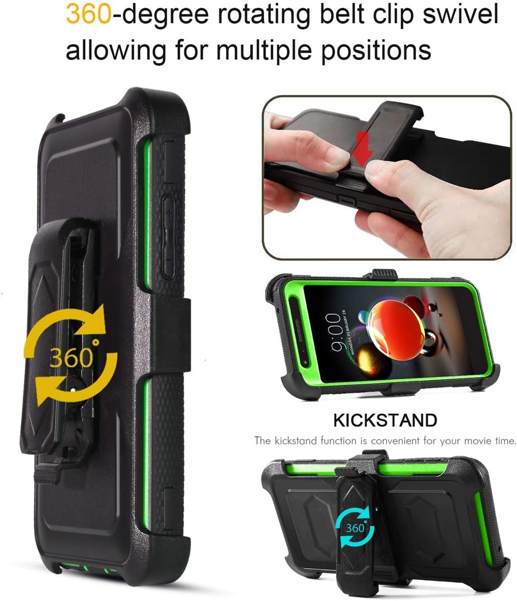 LG Aristo 2 Case,Aristo 3/2 Plus/3 Plus/LV3 2018/Tribute Empire/Tribute Dynasty/Zone 4/Fortune 2/K8/K8+/K8S/Risio 3/Rebel 4/Phoenix 4,[Buit-in Screen Protector] Heavy Duty w Swivel Belt Clip-Green