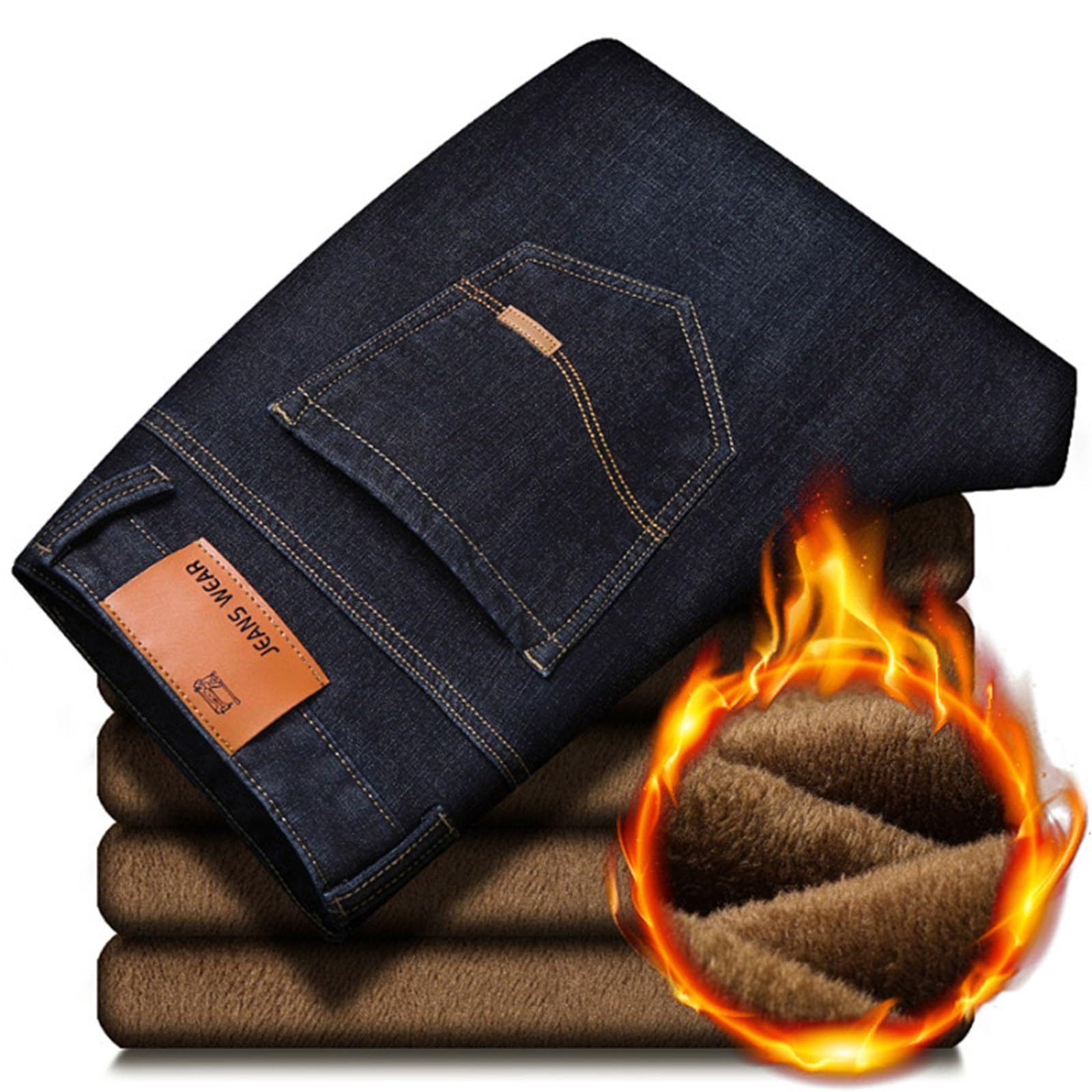 Generisch Pantaloni termici da uomo, pantaloni da neve, in pile Teddy, con imbottitura calda, gamba dritta, pile felpato, jeans termici