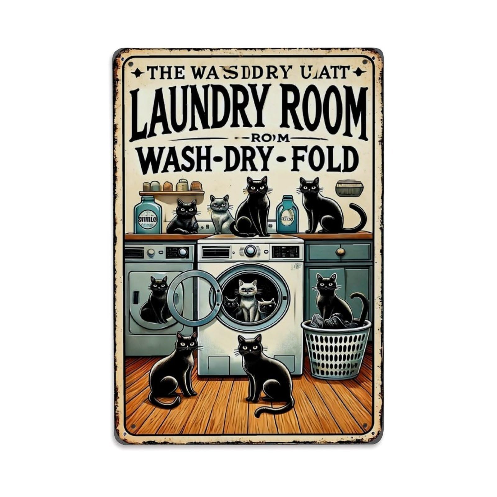 Bliveurn Vintage Cats In Laundry Room Scene Retro Metal Tin Sign, Metal Poster For Home, Gaming Room, Studio Workshop,Bar,Garage Wall Art Decor 8X12 Inch