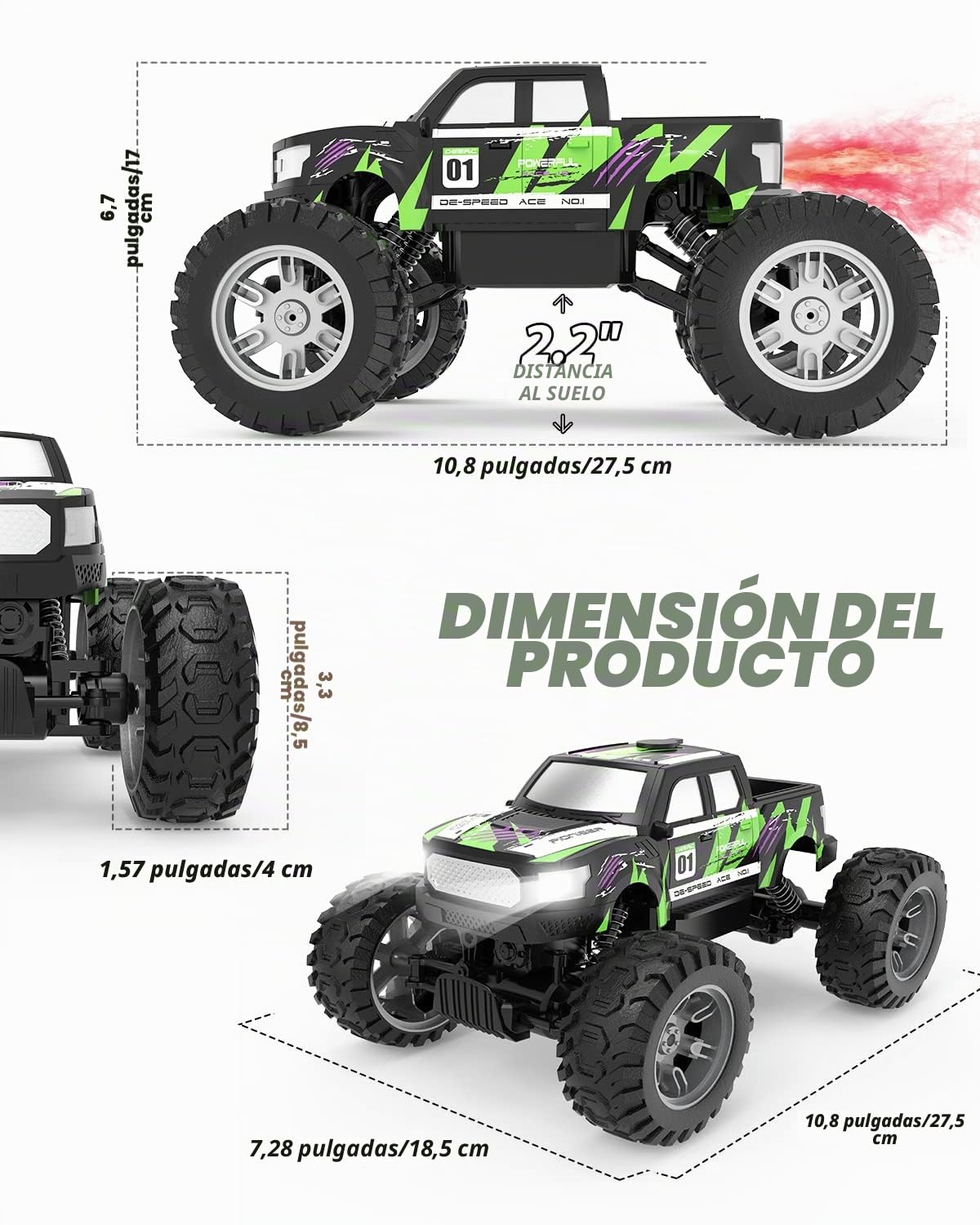 DEERC DE44 1:16 Escala Monster Truck con niebla de niebla, motores duales todoterreno RC coche, 4WD Rock Crawler con luces LED, juego de 70 minutos, vehículo de juguete para niños y adultos