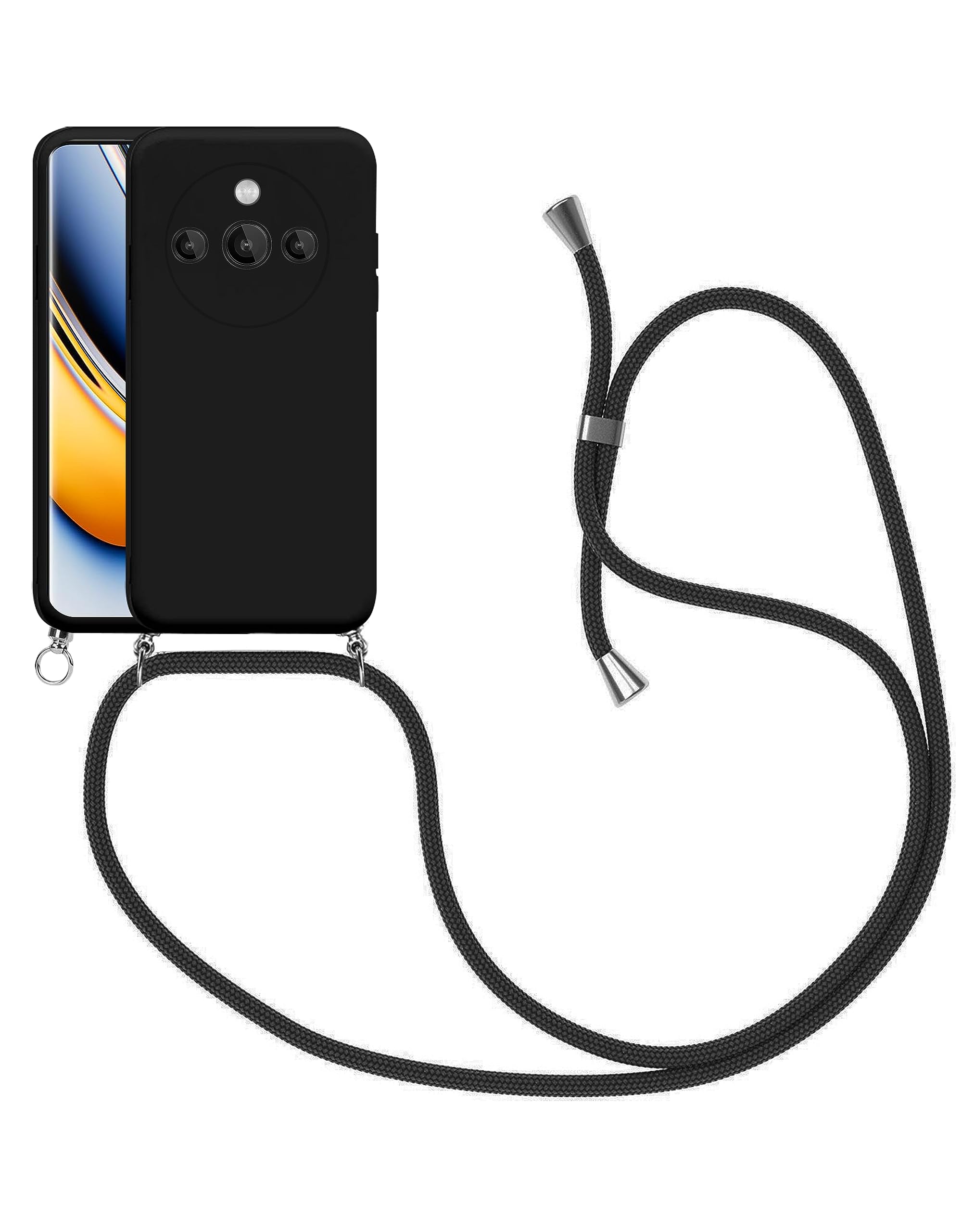 Custodia Con Cordino Per Realme 11 Pro Plus 5G - Cover TPU Antiurto Con Tracolla Regolabile E Design Smile Nero - 2