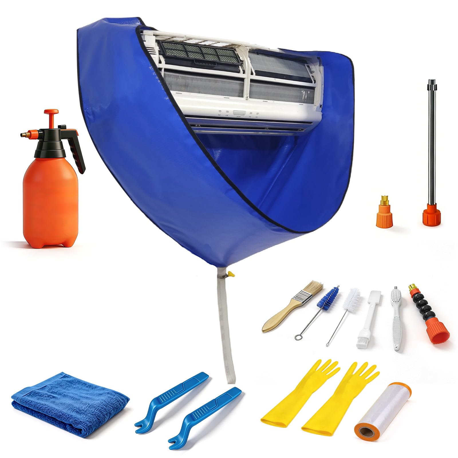 Kit Pulizia condizionatore Split, Sacco Lavaggio condizionatore Professionale Anti Schizzi con Pompa a Pressione 2L, per climatizzatore da Parete e casa, Blu L