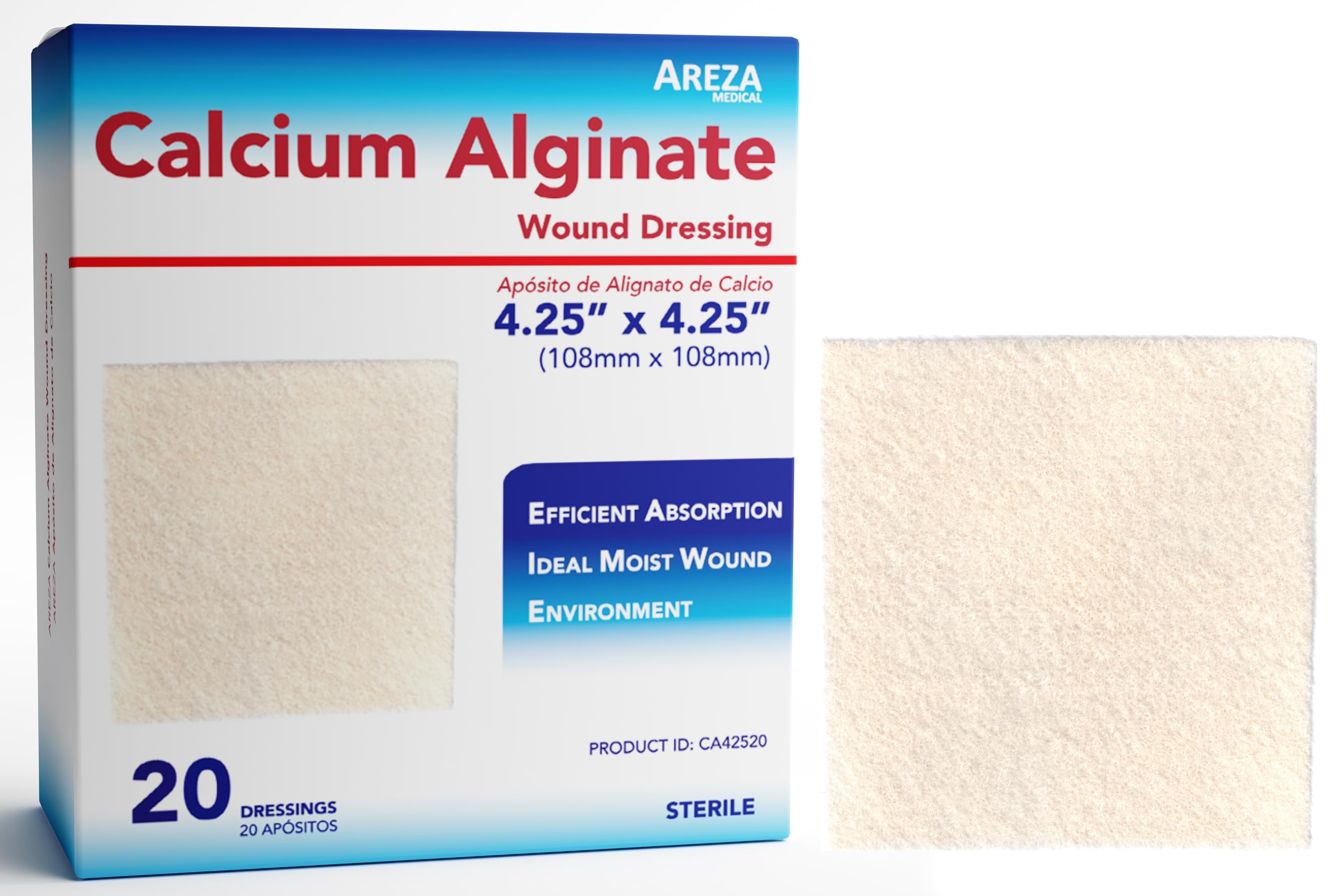 Areza Medical - Calcium Alginate - Wound Dressing Pads - Sterile - 4.25" X 4.25" (10.8 cm X 10.8 cm) - 20 PCS per Box