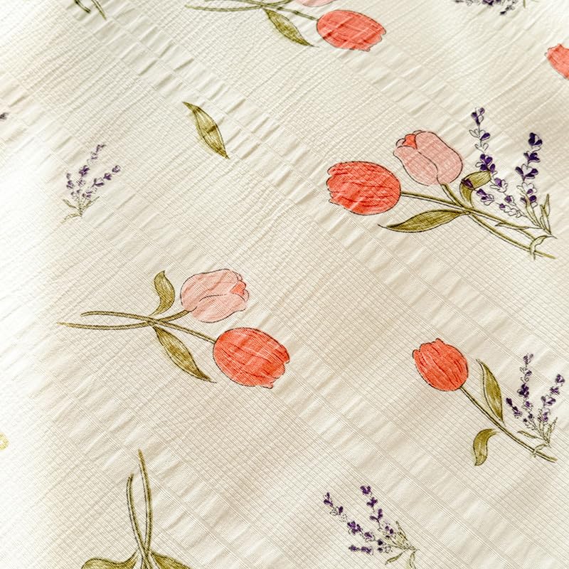 Joanna&Seasons-Housse de Couette 240x220 Fleurs Tulipe Beige,Vintage Parure de Lit Adult Motif Floral et Seersucker- Linge de Lit 2 Personnes en Microfibre avec Taies d'oreiller 65x65 cm
