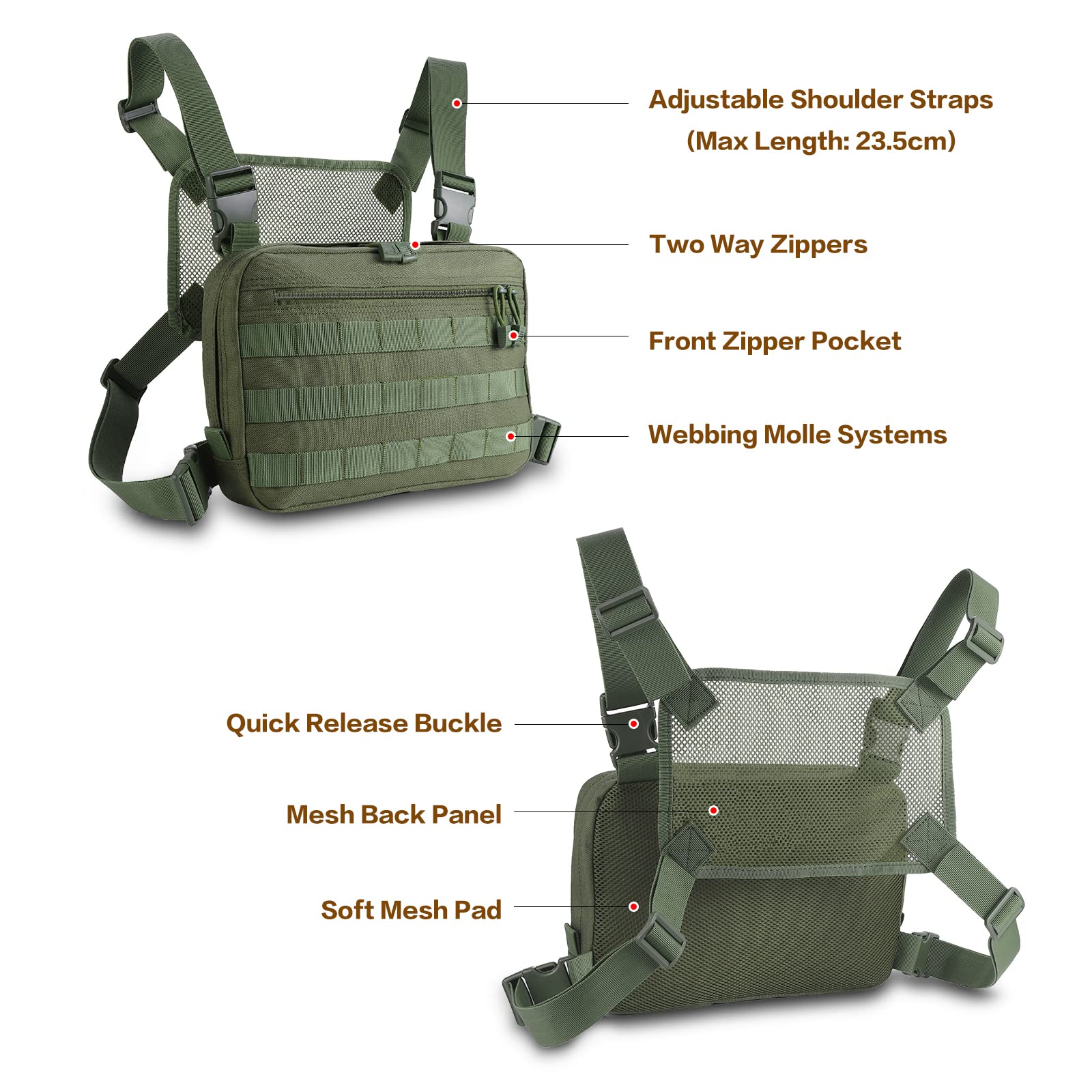 Kyrio Tactical Chest Rig Molle Radio Pecho Arnés Soporte Holster Chaleco para Radio bidireccional Walkie Talkies Verde