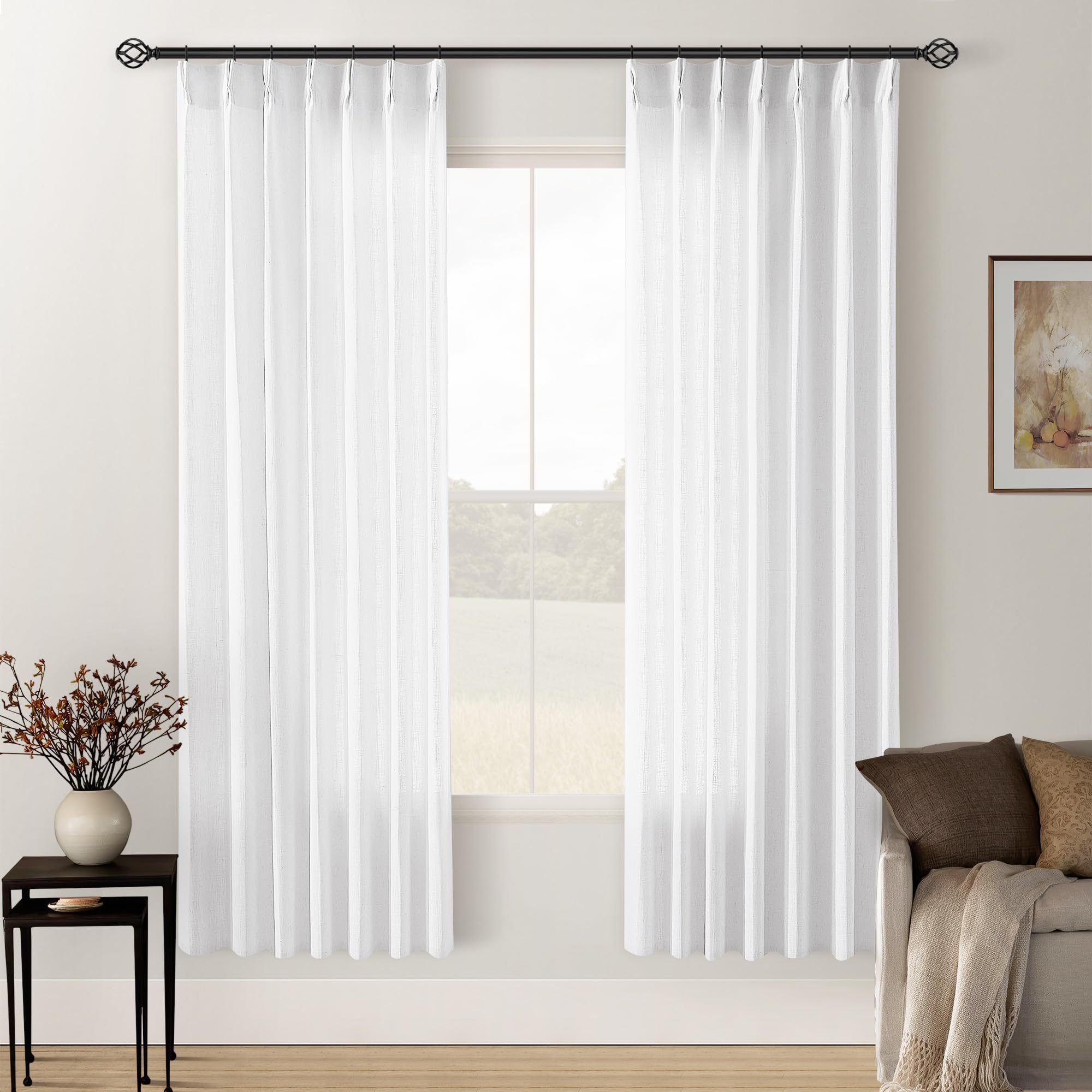 Snow White 72 Inch Pinch Pleated Linen Semi Sheer Curtains 2 Panels W40xL72 — image 1