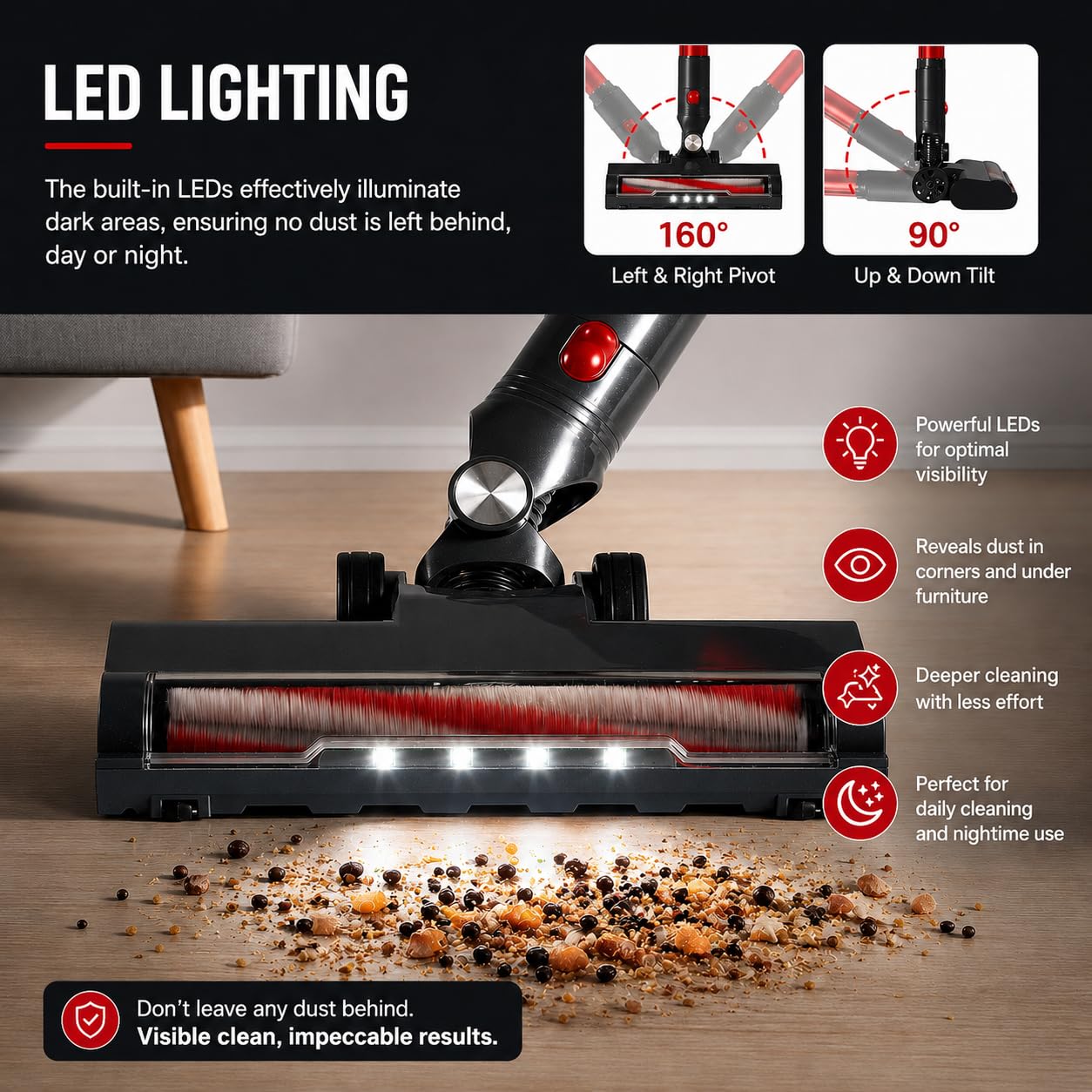Aspirateur Balai sans Fil 4-en-1, 150W, 6 * 2200mAh, 49 Min d’Autonomie, LED, 2 Vitesses, Ultra Léger, Réservoir 1L, pour Tapis Sols Durs Poils d’Animaux Voiture - Gris (Rouge et Gris) (Rouge et Gris)
