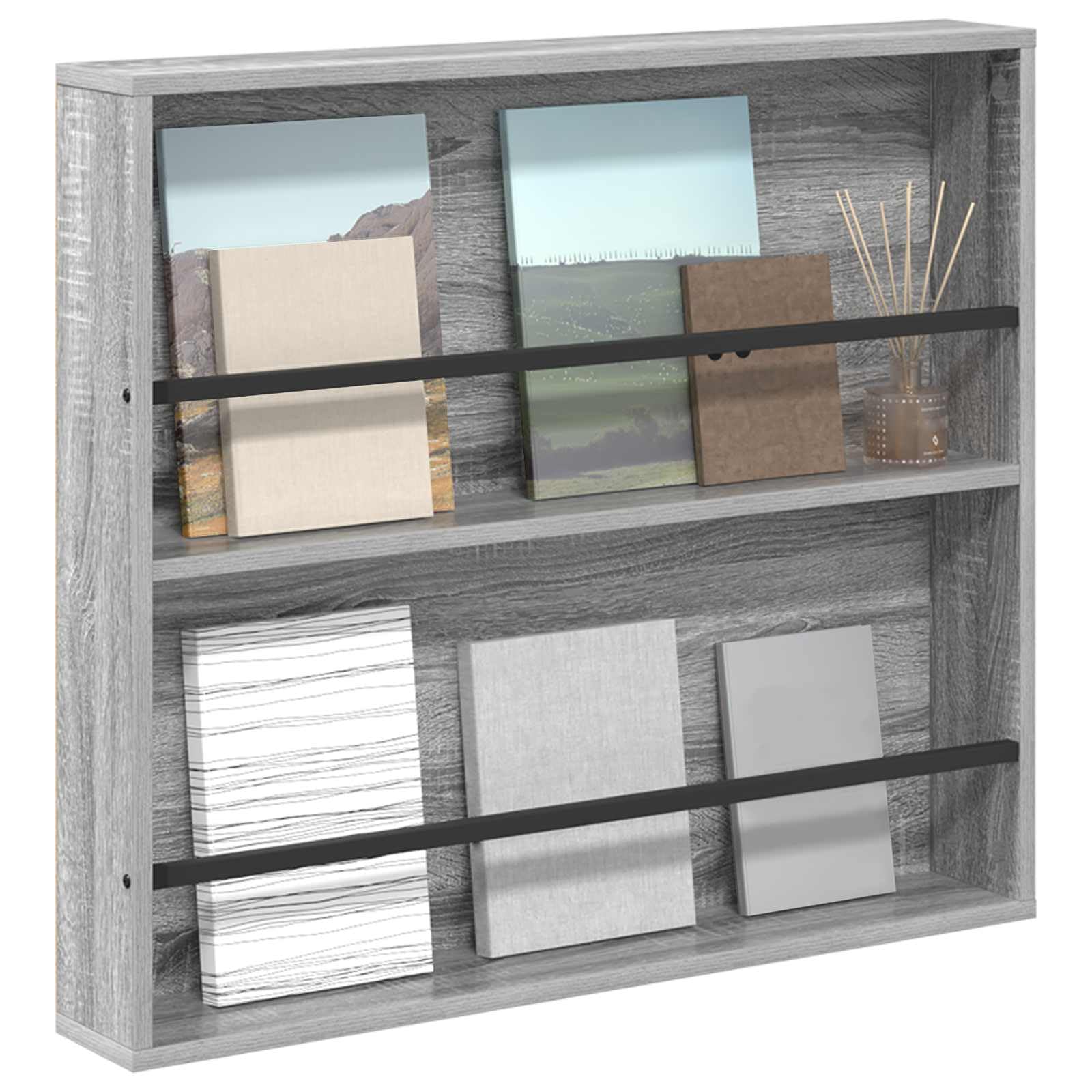 Scaffale portariviste da parete grigio sonoma, 80 x 12 x 70 cm, mensola da parete salvaspazio per opuscoli e libri, in legno