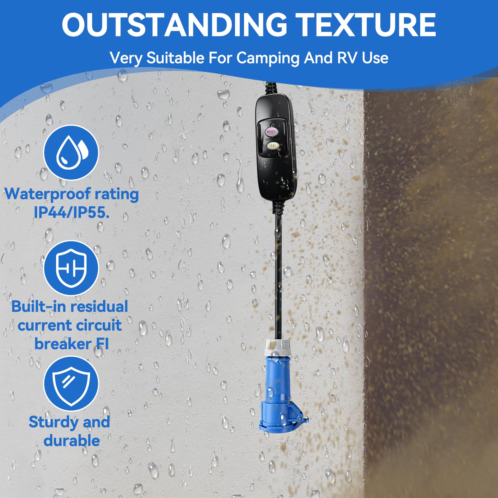 Cable Adaptador Schuko a CEE de 150 cm, 230 V, con Protección contra Fugas, Clase de Protección IP44/IP55, para Autocaravanas, Coches Eléctricos, Camping y Remolques de Construcción