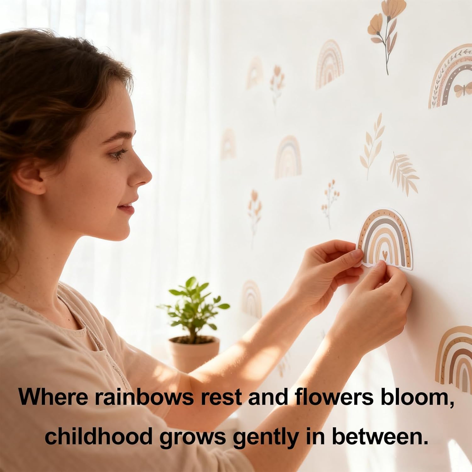 YouRfocus Boho Rainbow Floral Wall Decals for Nursery & Kids Room – Set of 96 Removable Peel and Stick Wall Stickers, Neutral Boho Home Decor (12 Sheets